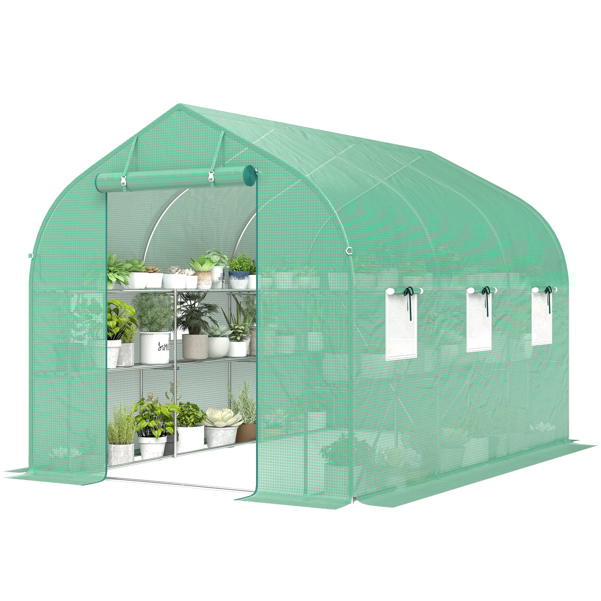 6 m² Tunnel Greenhouse with Shelves, 198 x 293 x 194 cm (78 x 115 x 76 in) — Galvanized Frame, Roll-Up Door, 6 Mesh Windows, 140 g/m² PE Cover — Green