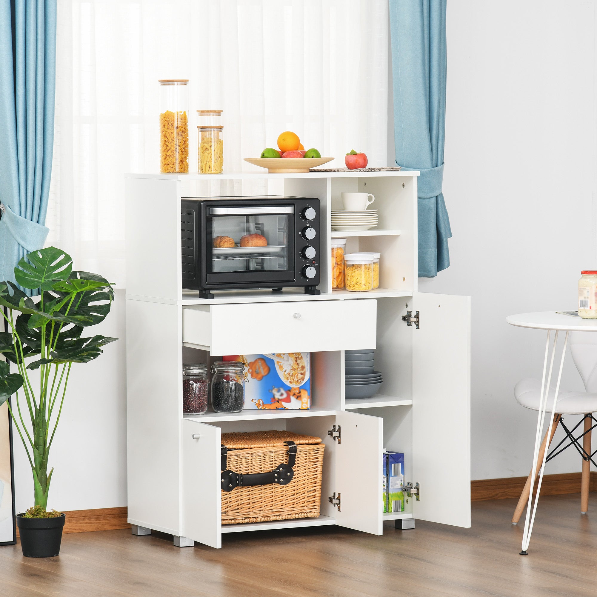 Kitchen Storage Cabinet Microwave Cart Kitchen Sideboard with Drawer Shelves 3 Doors 3 Compartments Anti-Tipping Design for Dining Room 90x40x120 cm White