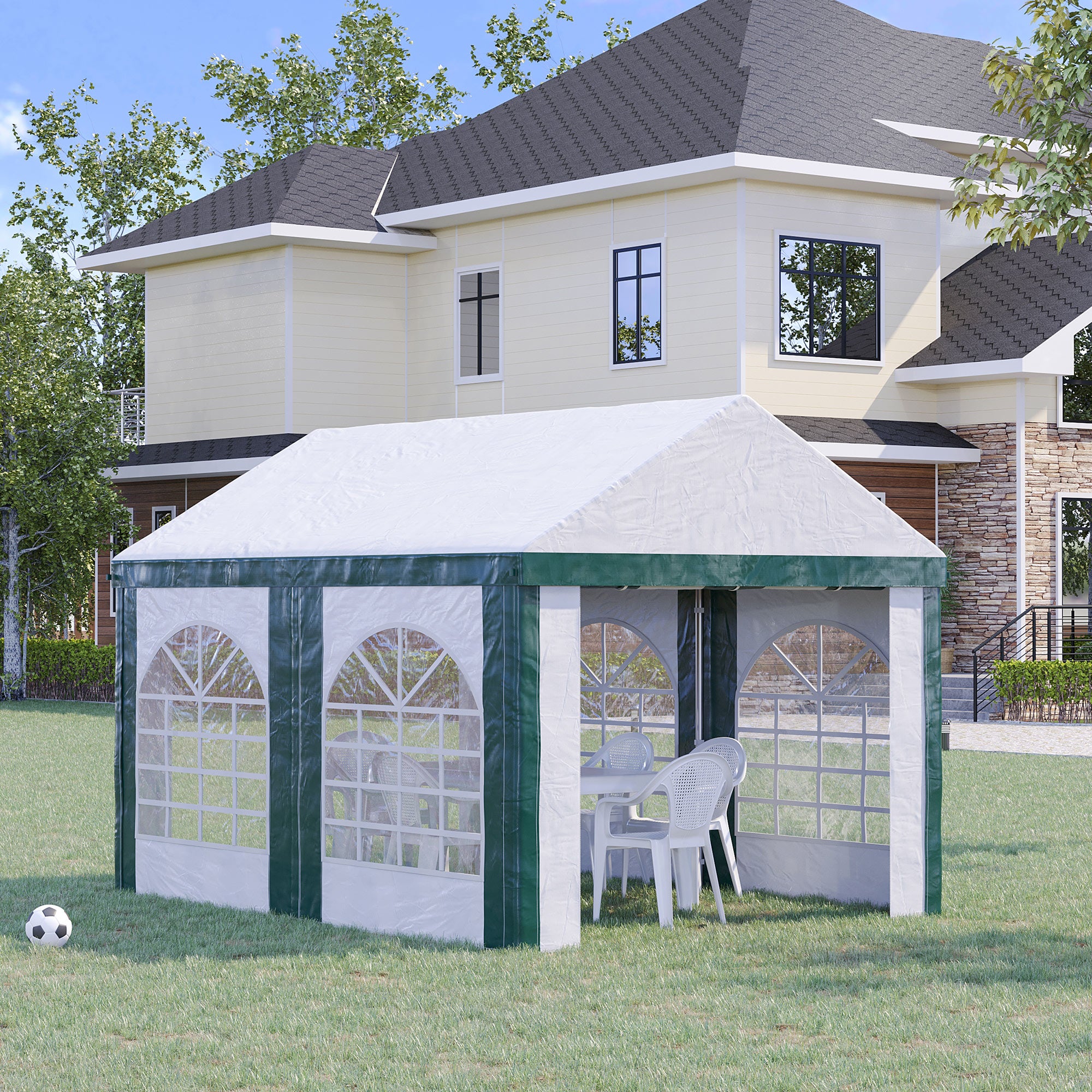 Steel, PE and PVC Garden Party Tent, Gazebo 3x4m for 12 People with Double Entrance, Pegs and Ropes Included, White and Green