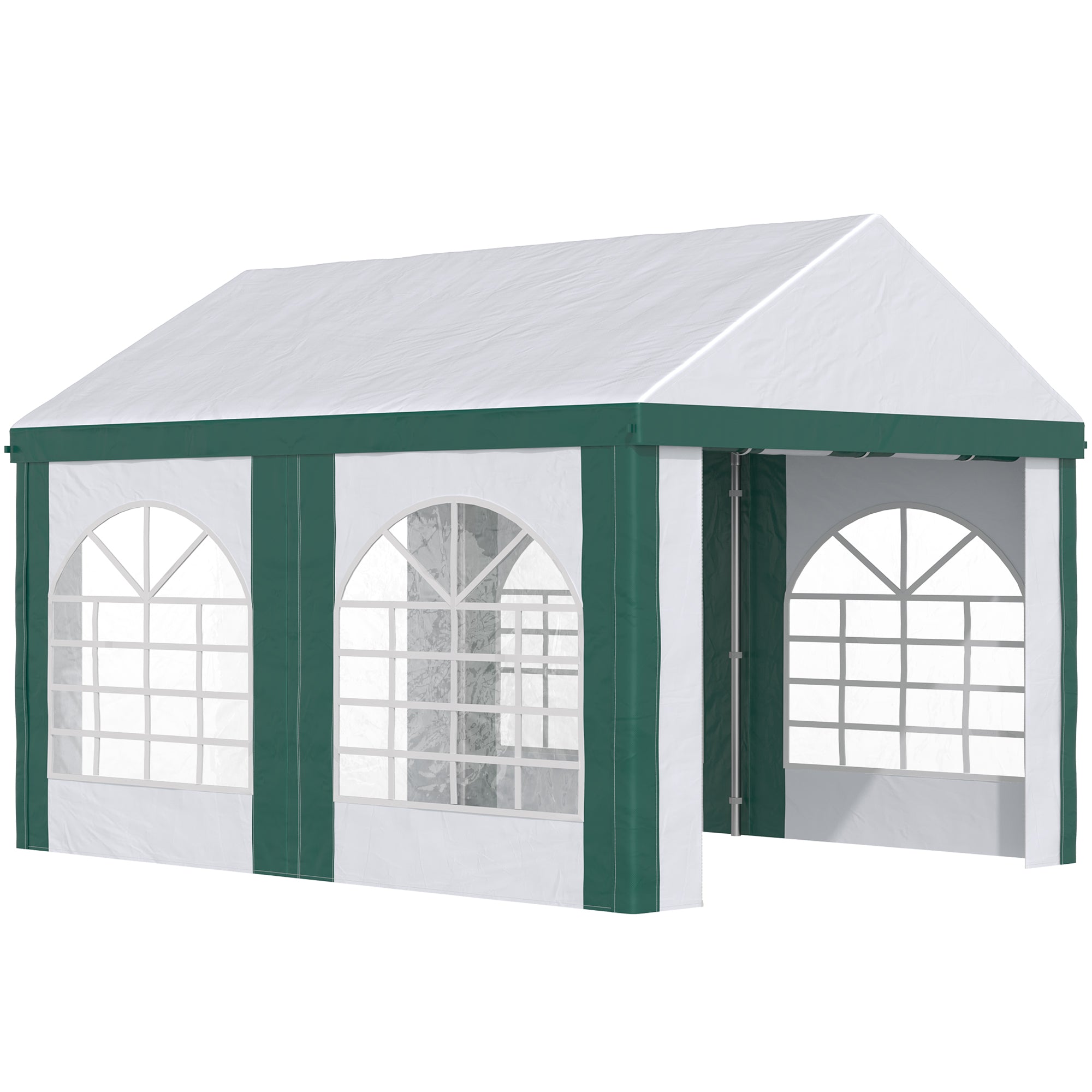 Steel, PE and PVC Garden Party Tent, Gazebo 3x4m for 12 People with Double Entrance, Pegs and Ropes Included, White and Green