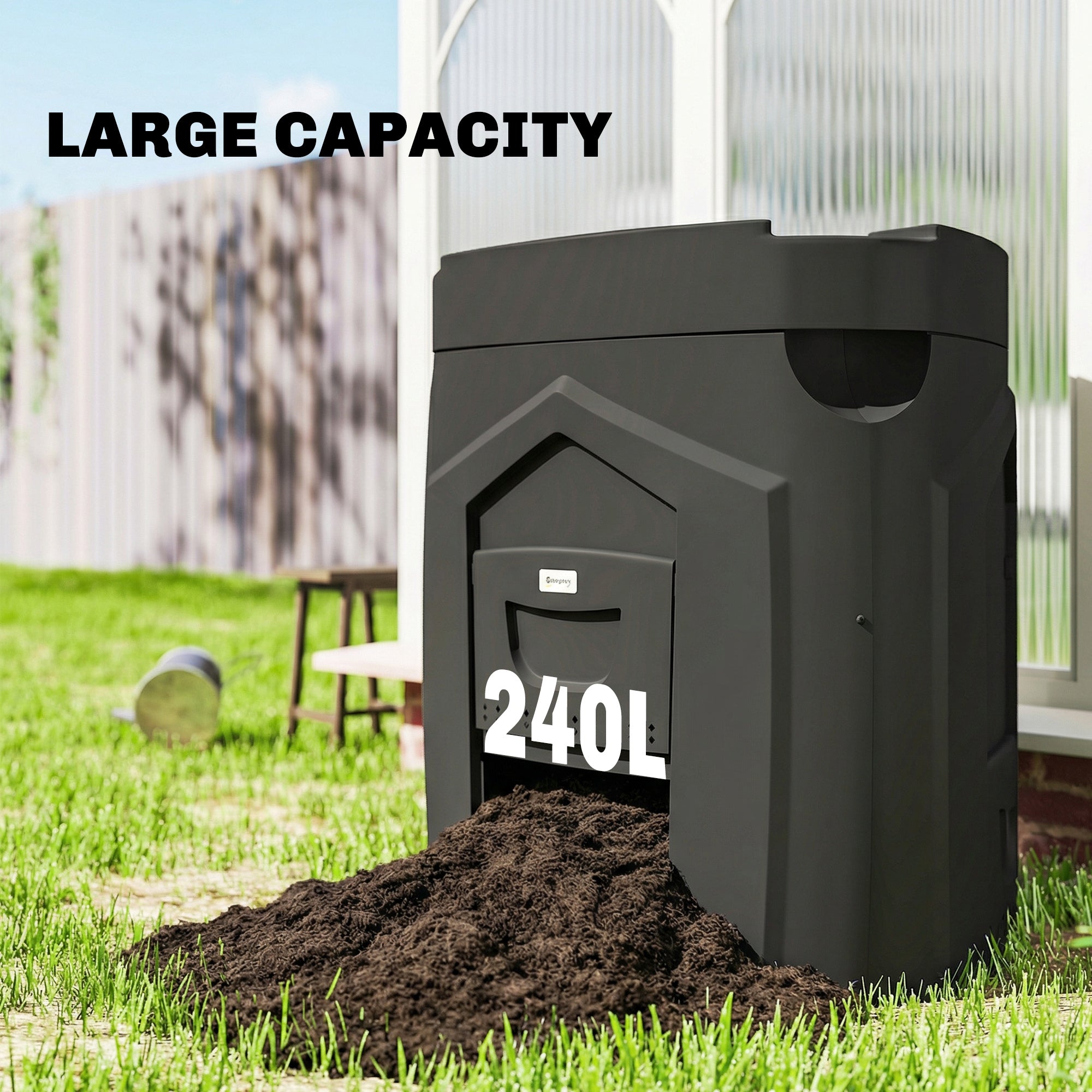 Garden Composter, 240 L (63.4 gal), 78 x 75 x 78 cm Triangular Compost Bin with 3 Doors, 66 Vent Holes & Open Bottom — Includes Gloves & Screwdriver, Black