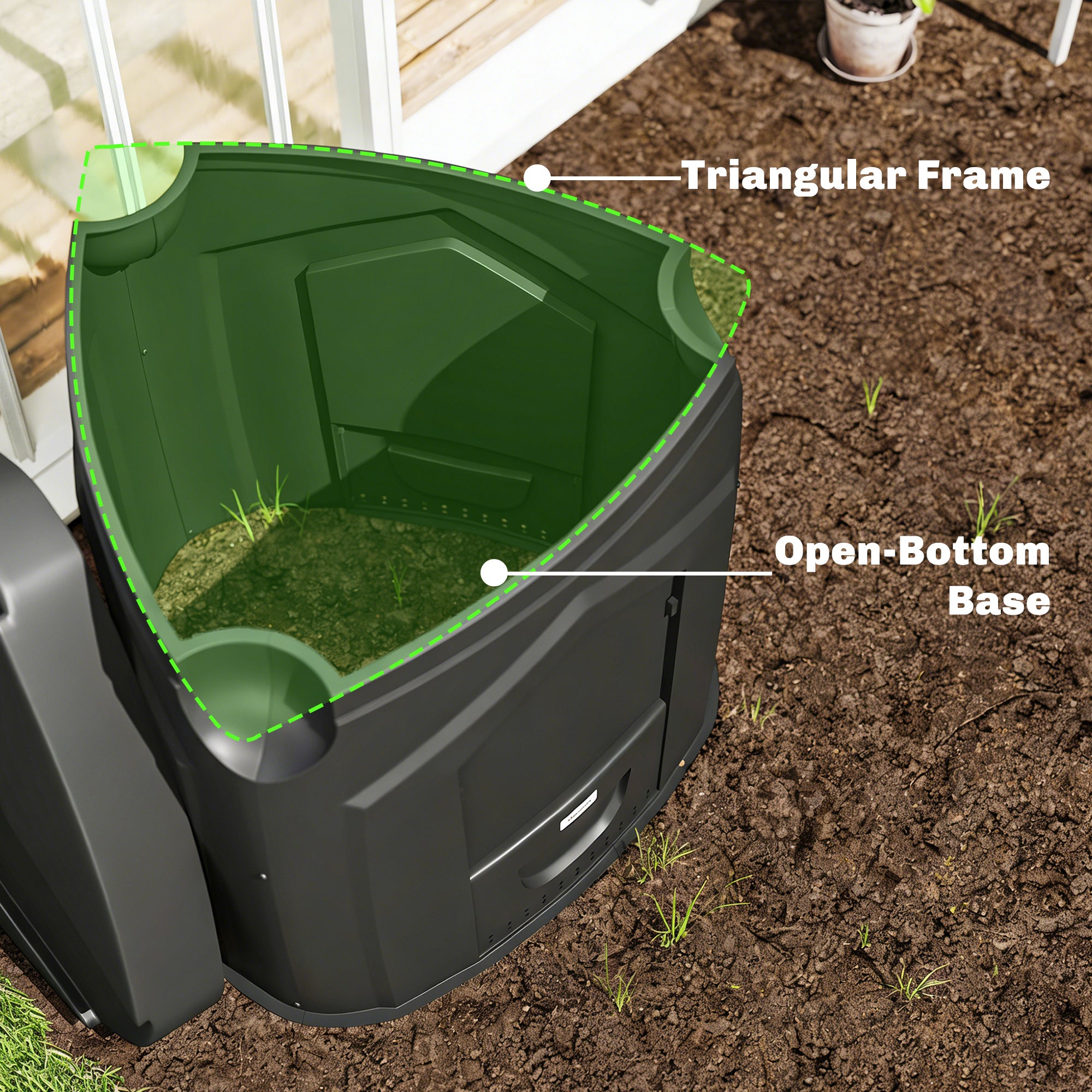 Garden Composter, 240 L (63.4 gal), 78 x 75 x 78 cm Triangular Compost Bin with 3 Doors, 66 Vent Holes & Open Bottom — Includes Gloves & Screwdriver, Black