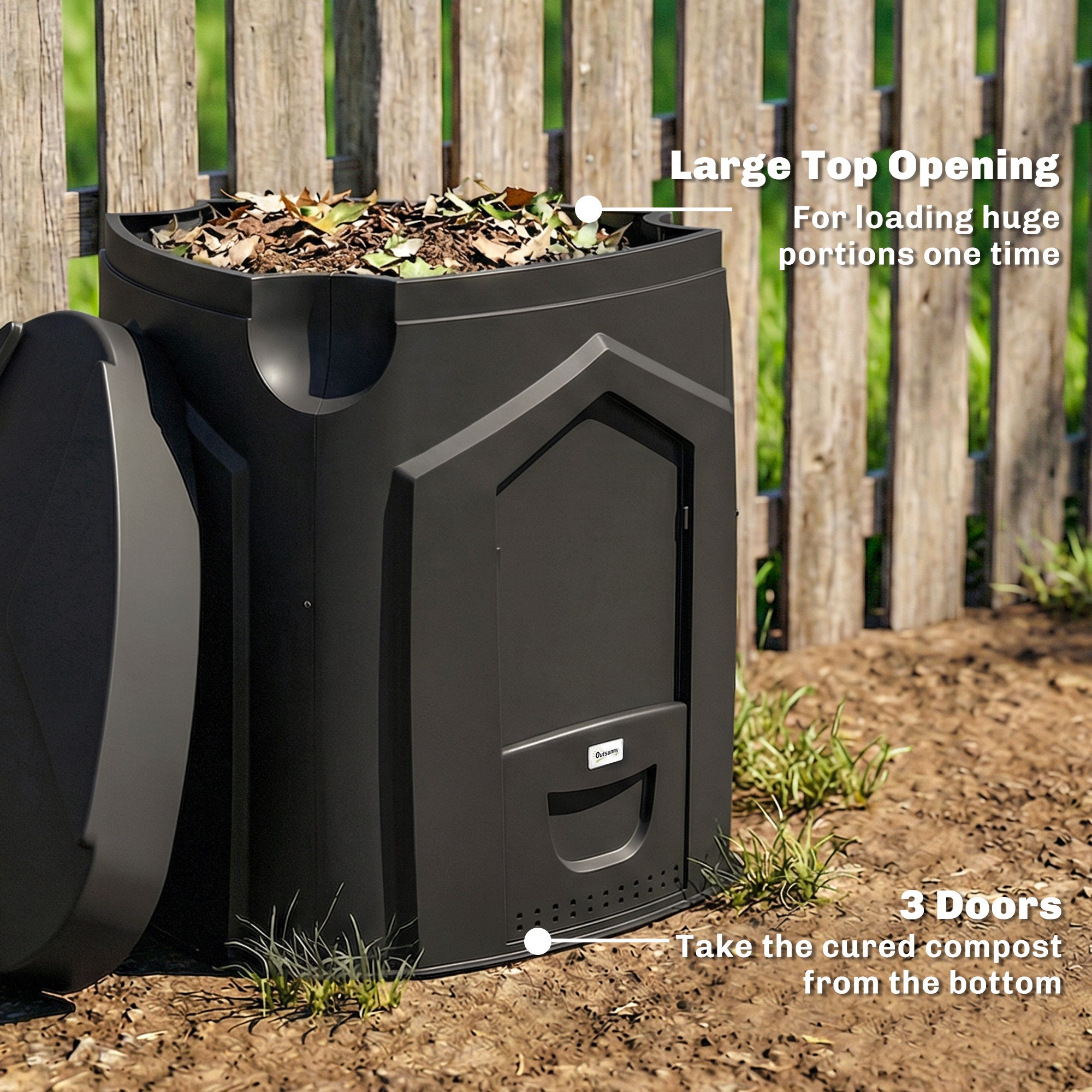 Garden Composter, 240 L (63.4 gal), 78 x 75 x 78 cm Triangular Compost Bin with 3 Doors, 66 Vent Holes & Open Bottom — Includes Gloves & Screwdriver, Black