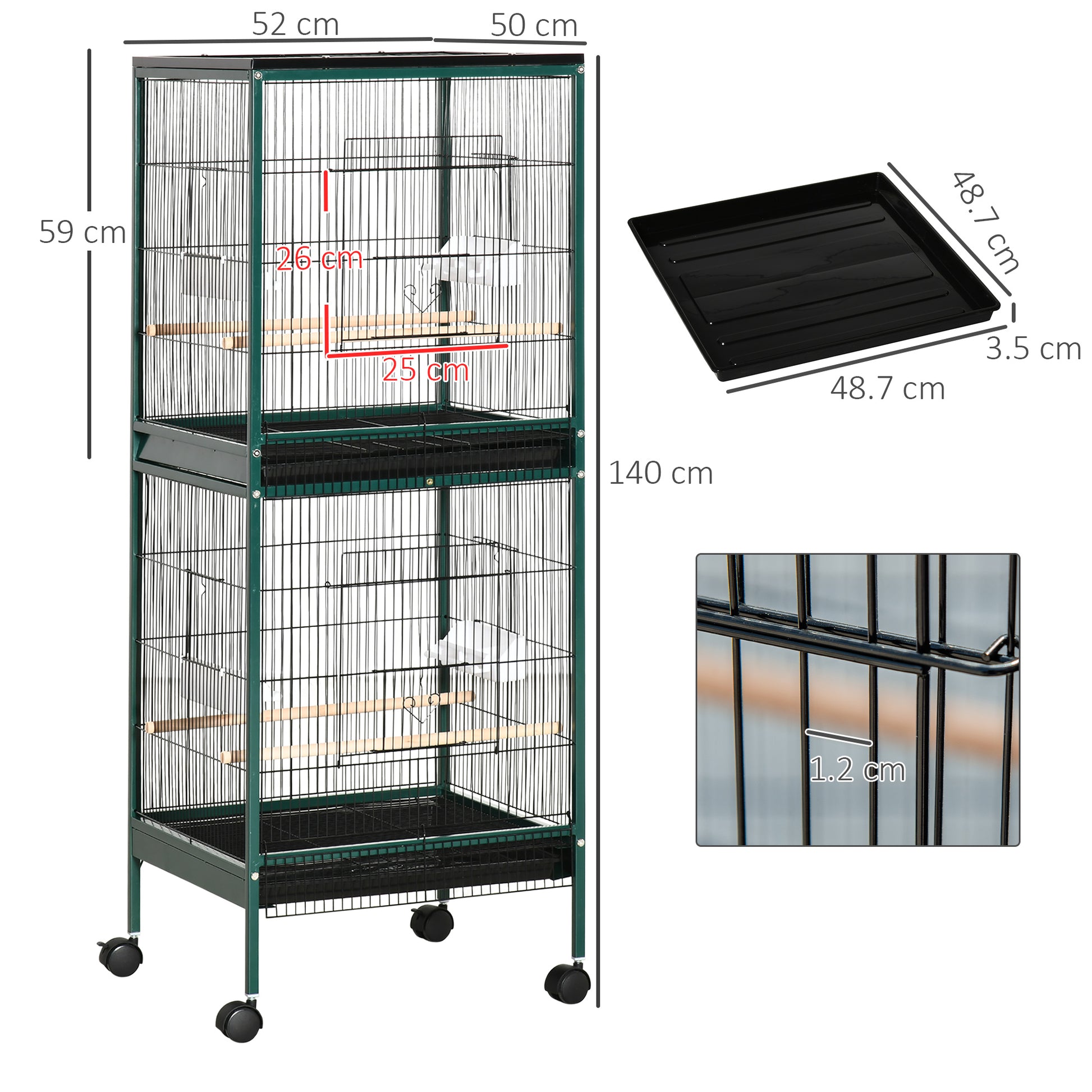 Large Bird Cage on Stand - Double Aviary with Feeders Perches Removable Tray - Wheels - 51.5 x 50 x 140 cm Green Black