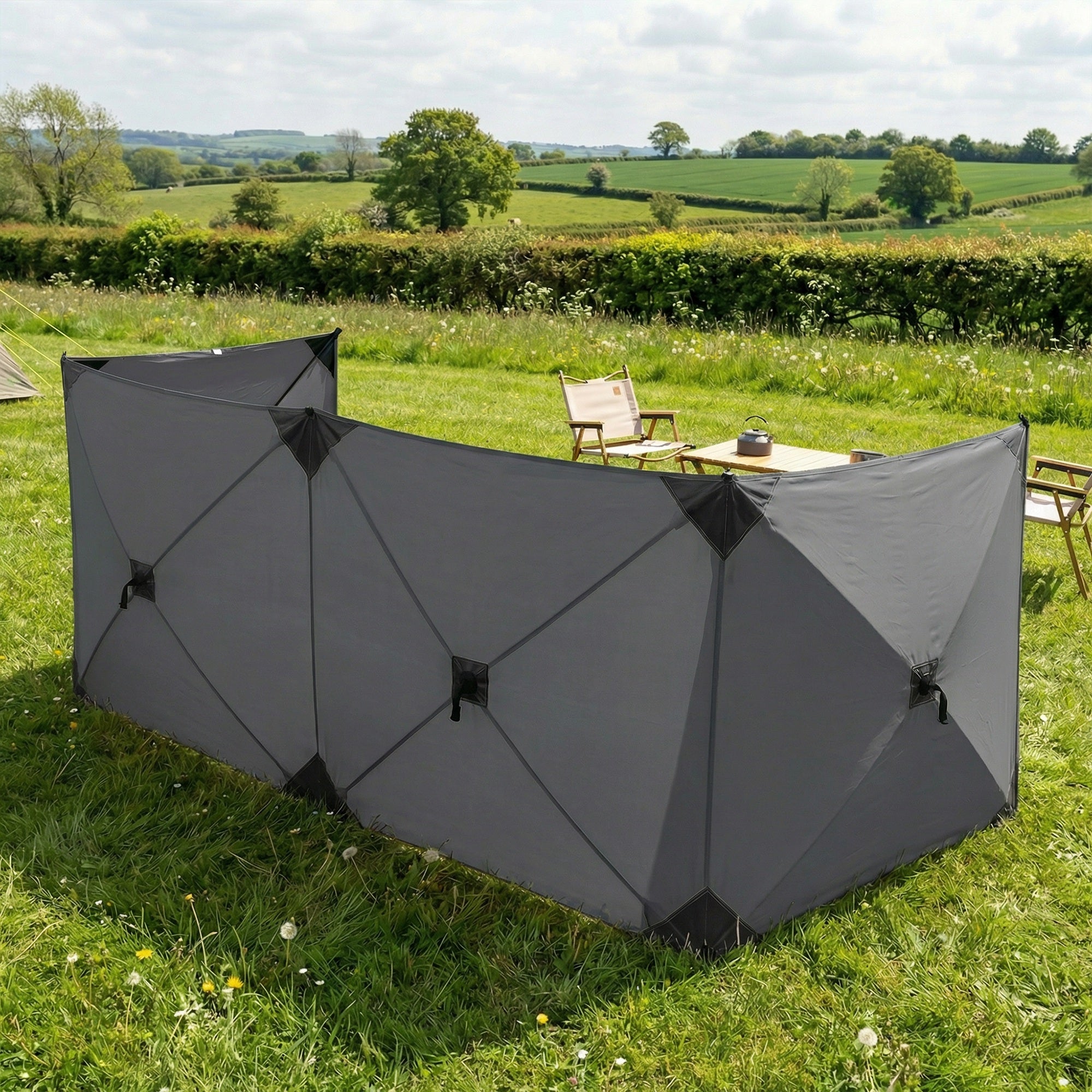 Foldable Windbreak – Camping Privacy Screen with Guy Ropes, Ground Pegs & Carry Bag, 480 x 120 cm (15 ft 9 in x 3 ft 11 in), Dark Gray