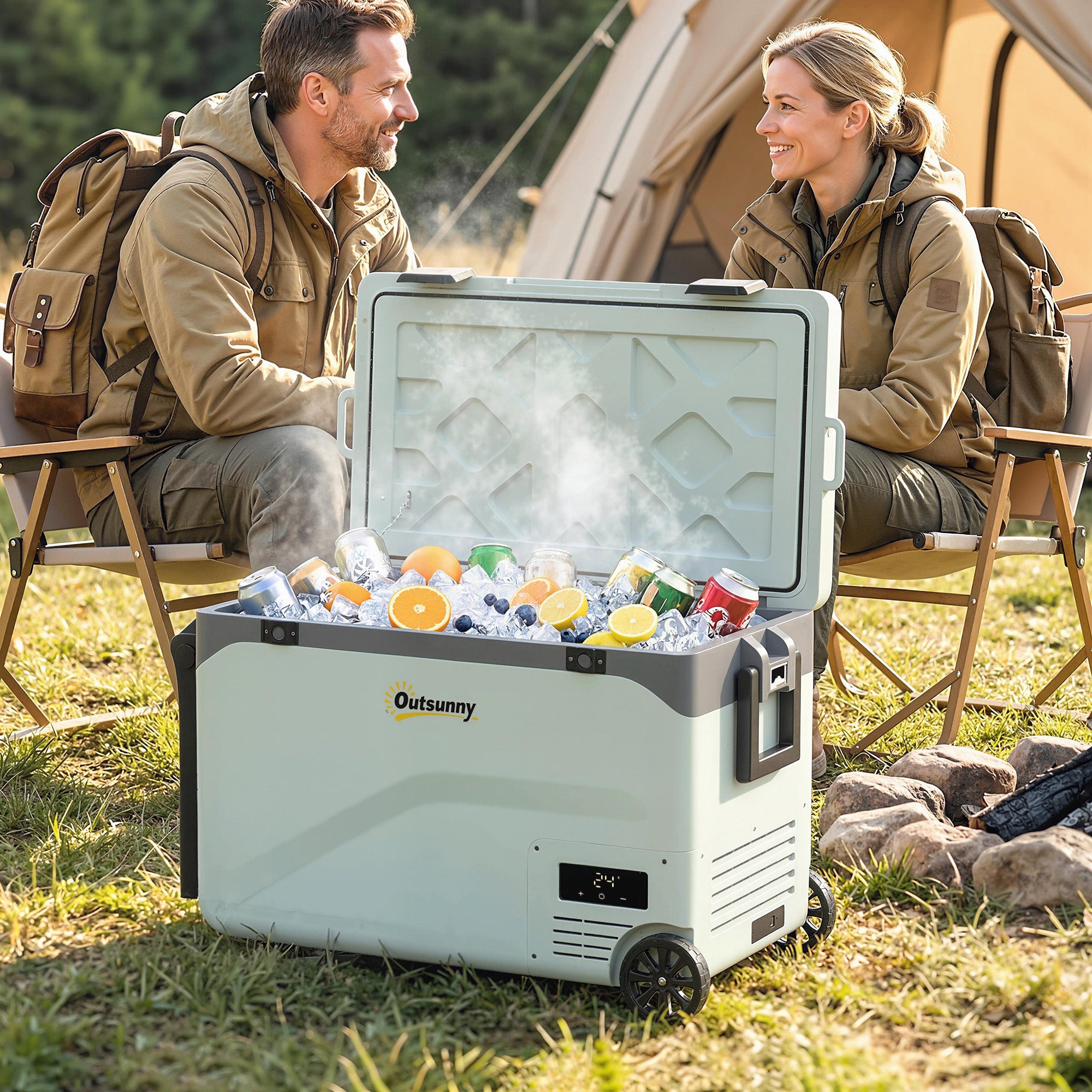 42.5L Portable Electric Cooler (12/24/240V) — Compressor Fridge/Freezer, Bluetooth App, LED Display, ECO & MAX Modes, Handle, Phone Holder, Wheels (Green/Black)