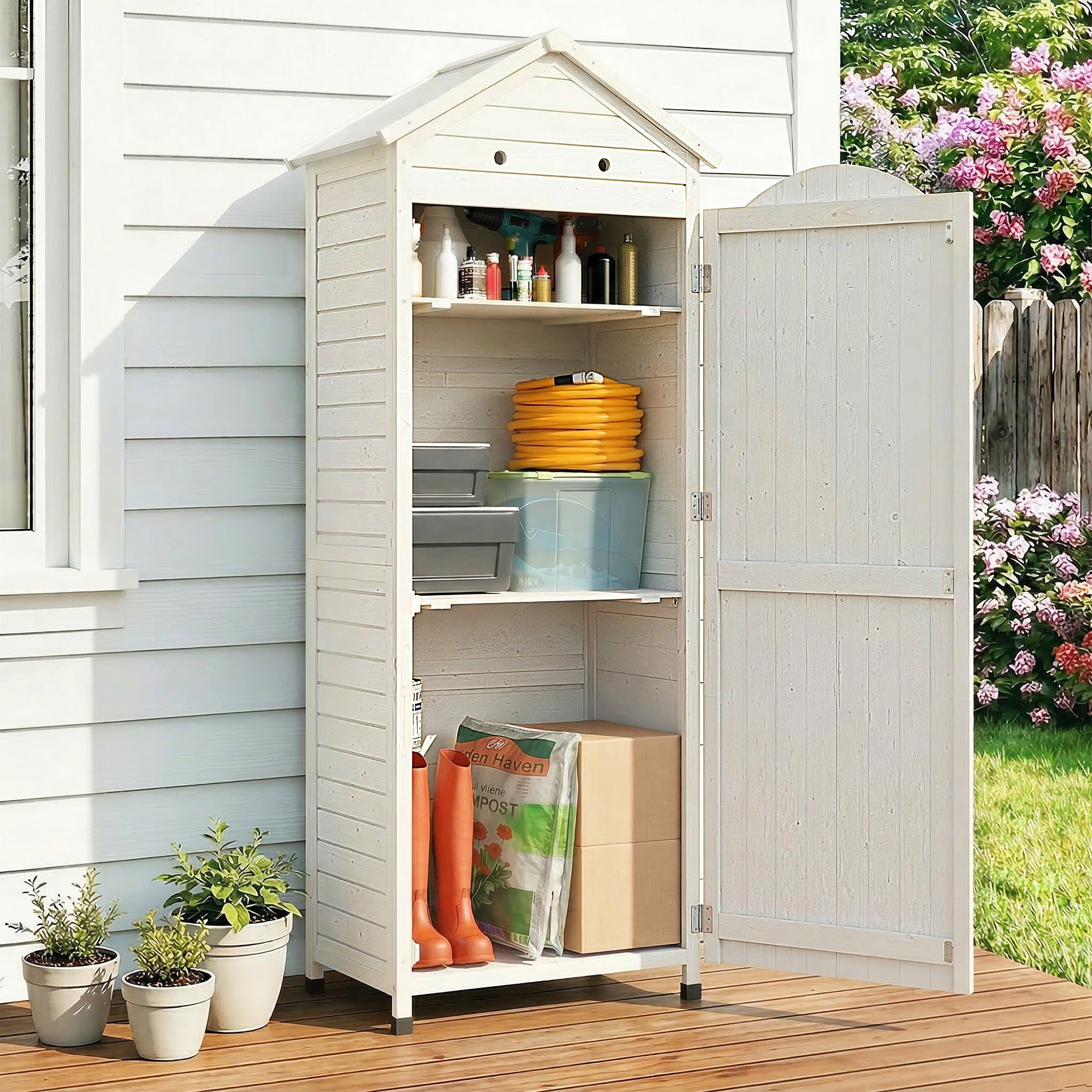 Tall Pine Garden Storage Cabinet with Adjustable Shelves, Magnetic Door & Galvanized Roof, 85 x 58 x 213 cm (33.5 x 22.8 x 84 in) — White