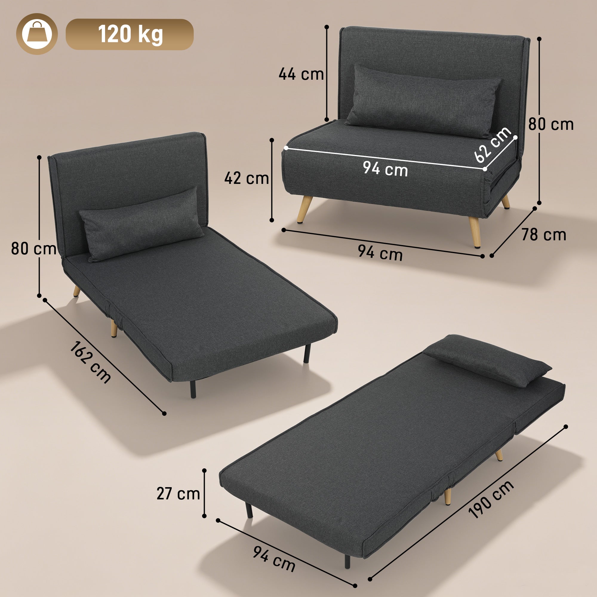 3-in-1 Sleeper Chair with Fold-Out Bed, Converts to 190 x 63 cm Single Bed, Adjustable Recline, Metal Legs, Lumbar Pillow, Linen-Look Grey