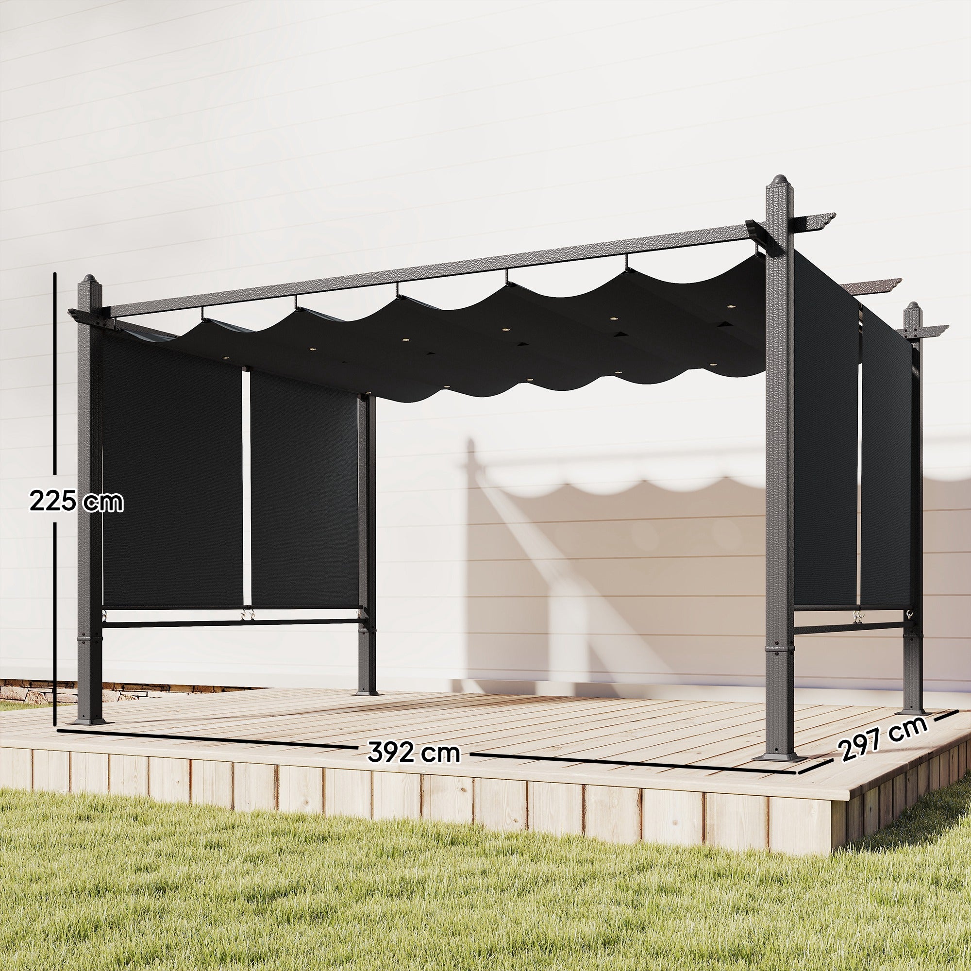 13' x 10' (4 x 3 m) Retractable Garden Pergola with 4 Automatic Roll-Up Curtains, UV50+ Canopy, Aluminum Frame, Integrated Drainage — Dark Gray