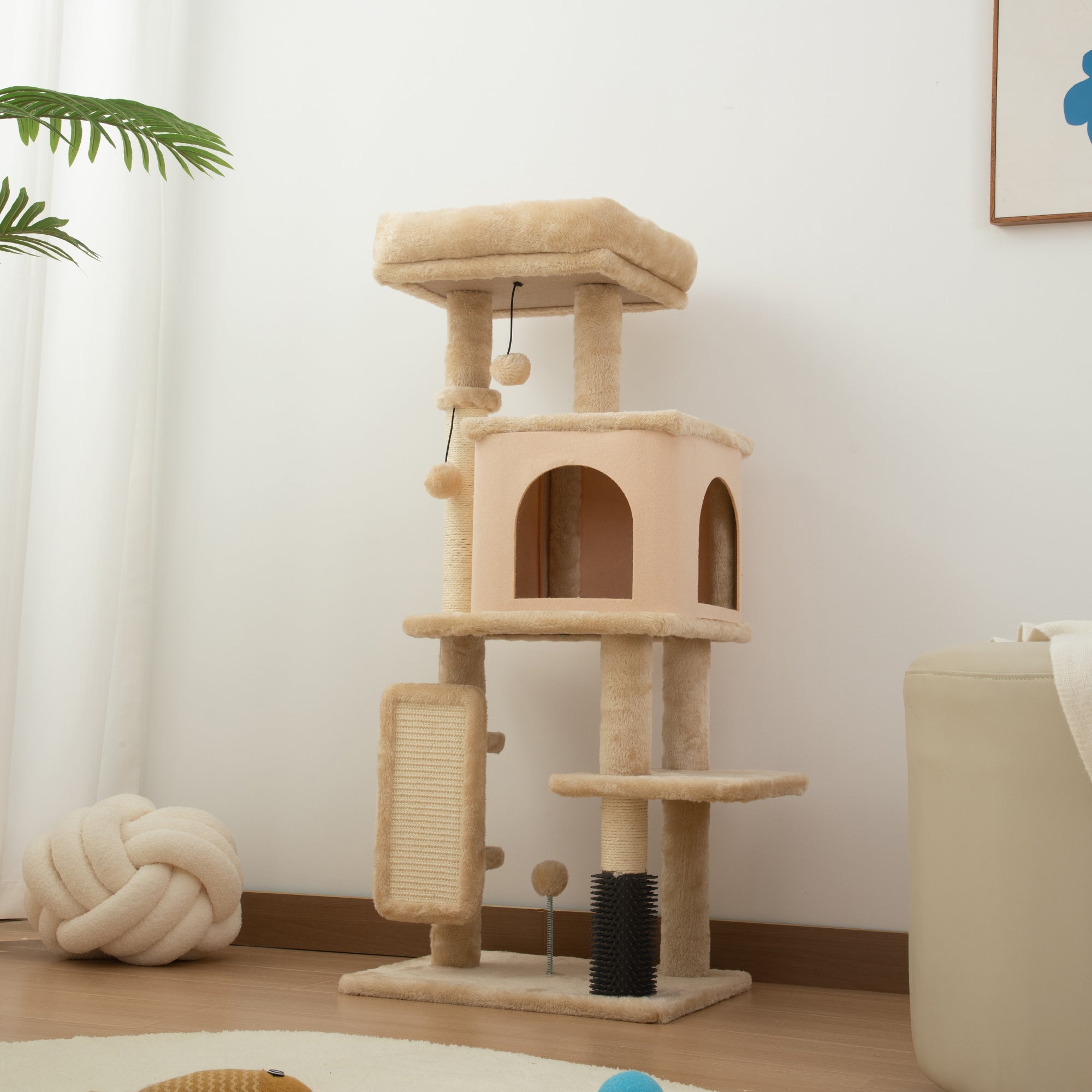 Cat Scratching Tree Height 104 cm Cat Tower with Platforms Post Brush Hanging Balls and Scratching Mat Beige