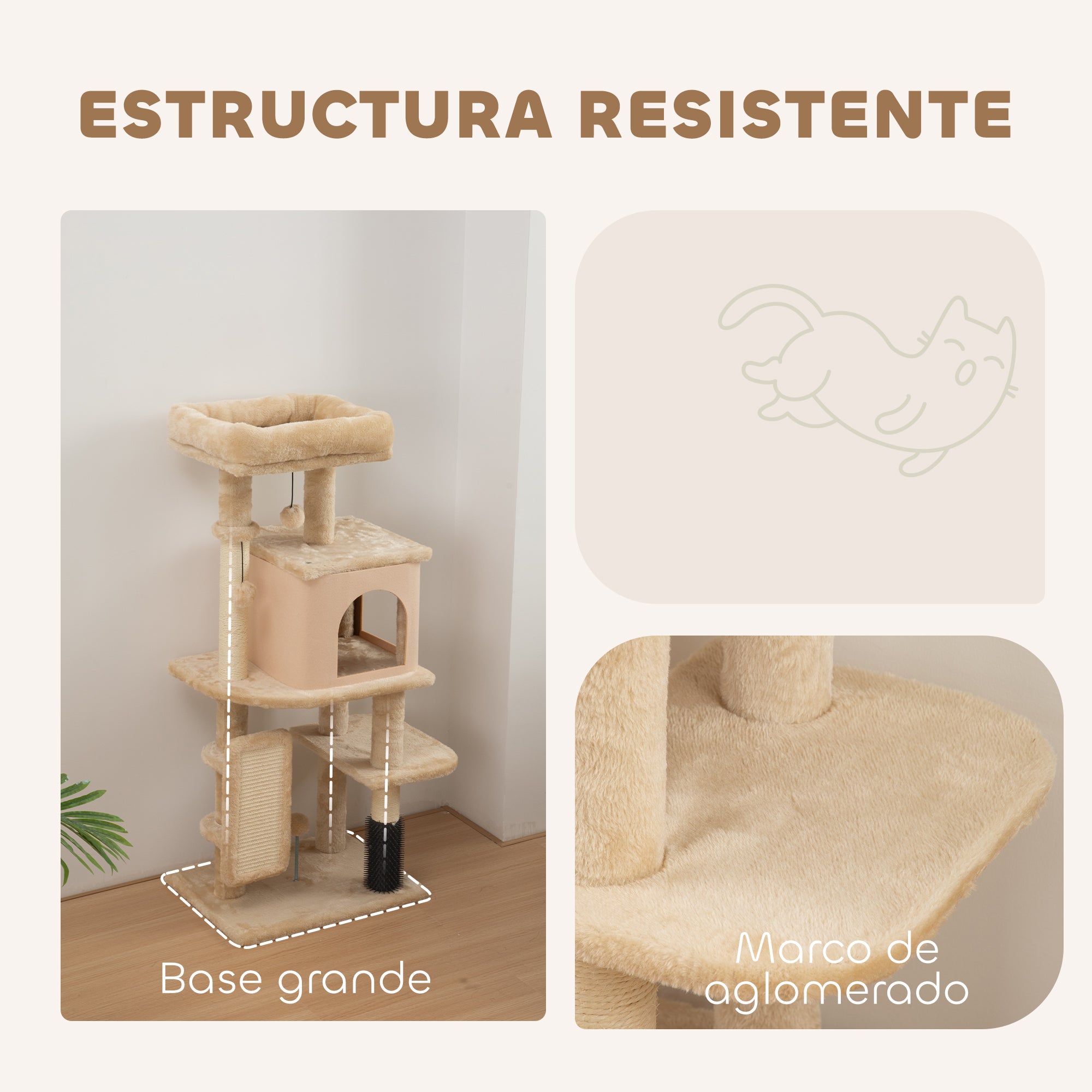 Cat Scratching Tree Height 104 cm Cat Tower with Platforms Post Brush Hanging Balls and Scratching Mat Beige