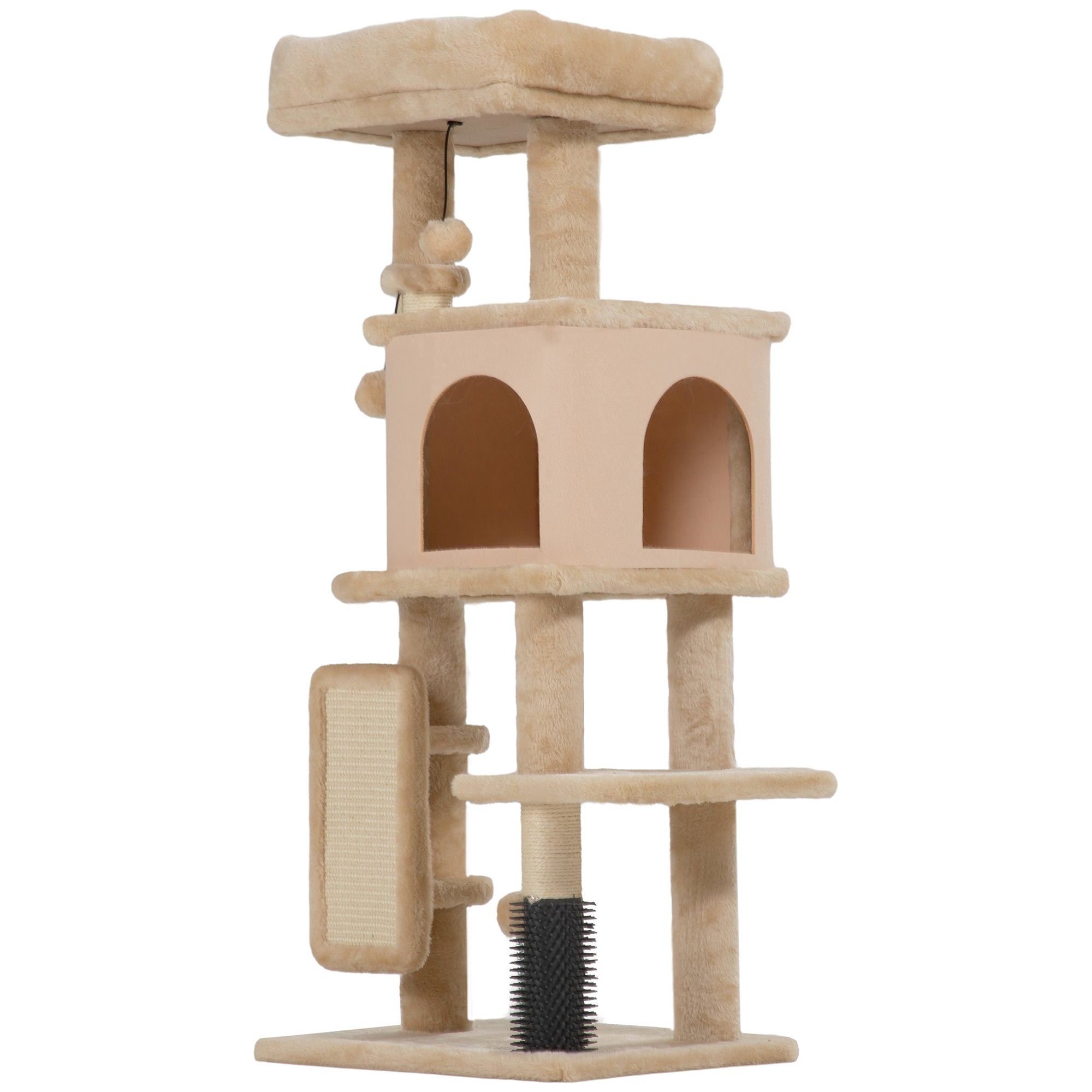 Cat Scratching Tree Height 104 cm Cat Tower with Platforms Post Brush Hanging Balls and Scratching Mat Beige