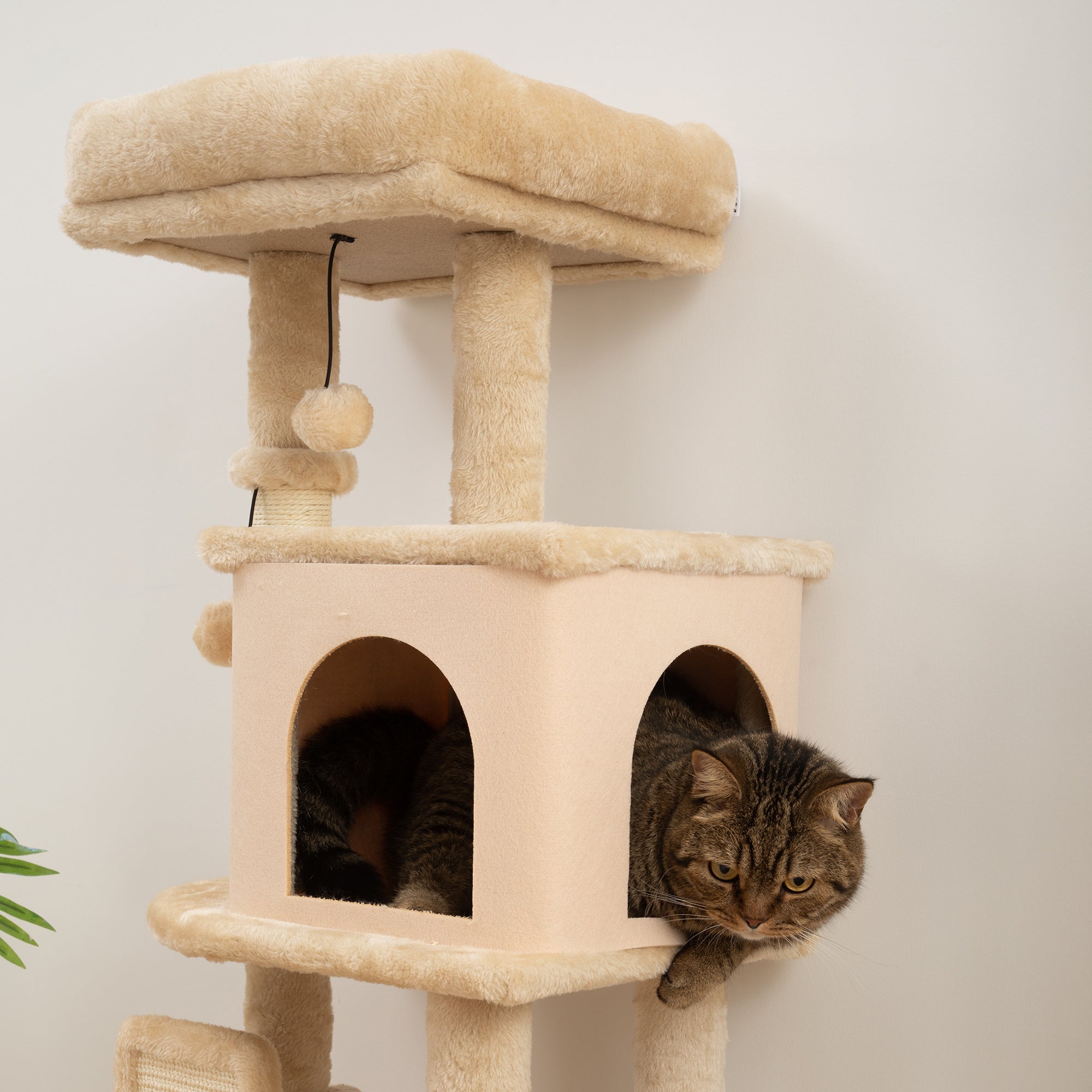 Cat Scratching Tree Height 104 cm Cat Tower with Platforms Post Brush Hanging Balls and Scratching Mat Beige