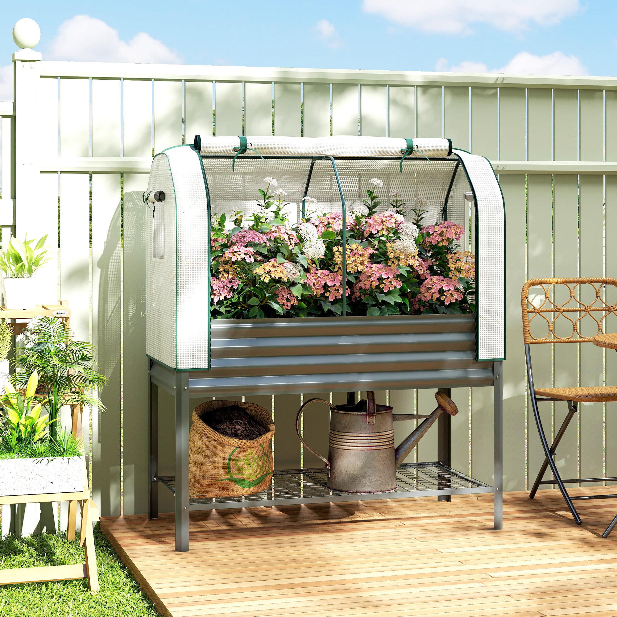 Elevated Planter with PE Greenhouse Cover — Metal Raised Garden Bed with Greenhouse, 167 L (44.1 gal) with Liner & Lower Shelf, for Plants, Flowers & Vegetables, 47.2 x 21.7 x 55.1 in (120 x 55 x 140 cm), Dark Gray