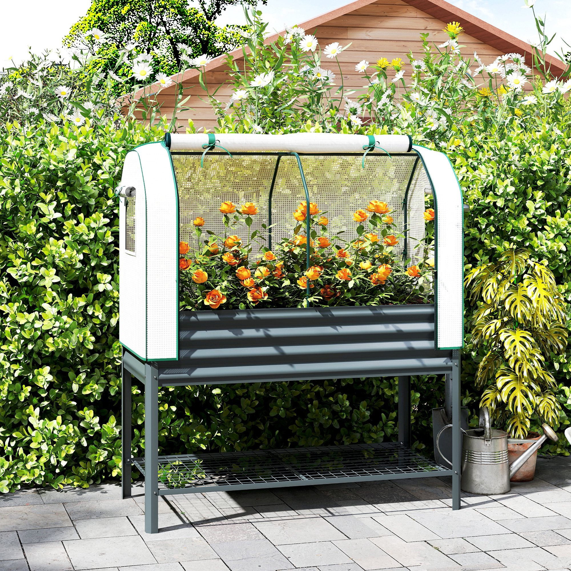 Elevated Planter with PE Greenhouse Cover — Metal Raised Garden Bed with Greenhouse, 167 L (44.1 gal) with Liner & Lower Shelf, for Plants, Flowers & Vegetables, 47.2 x 21.7 x 55.1 in (120 x 55 x 140 cm), Dark Gray