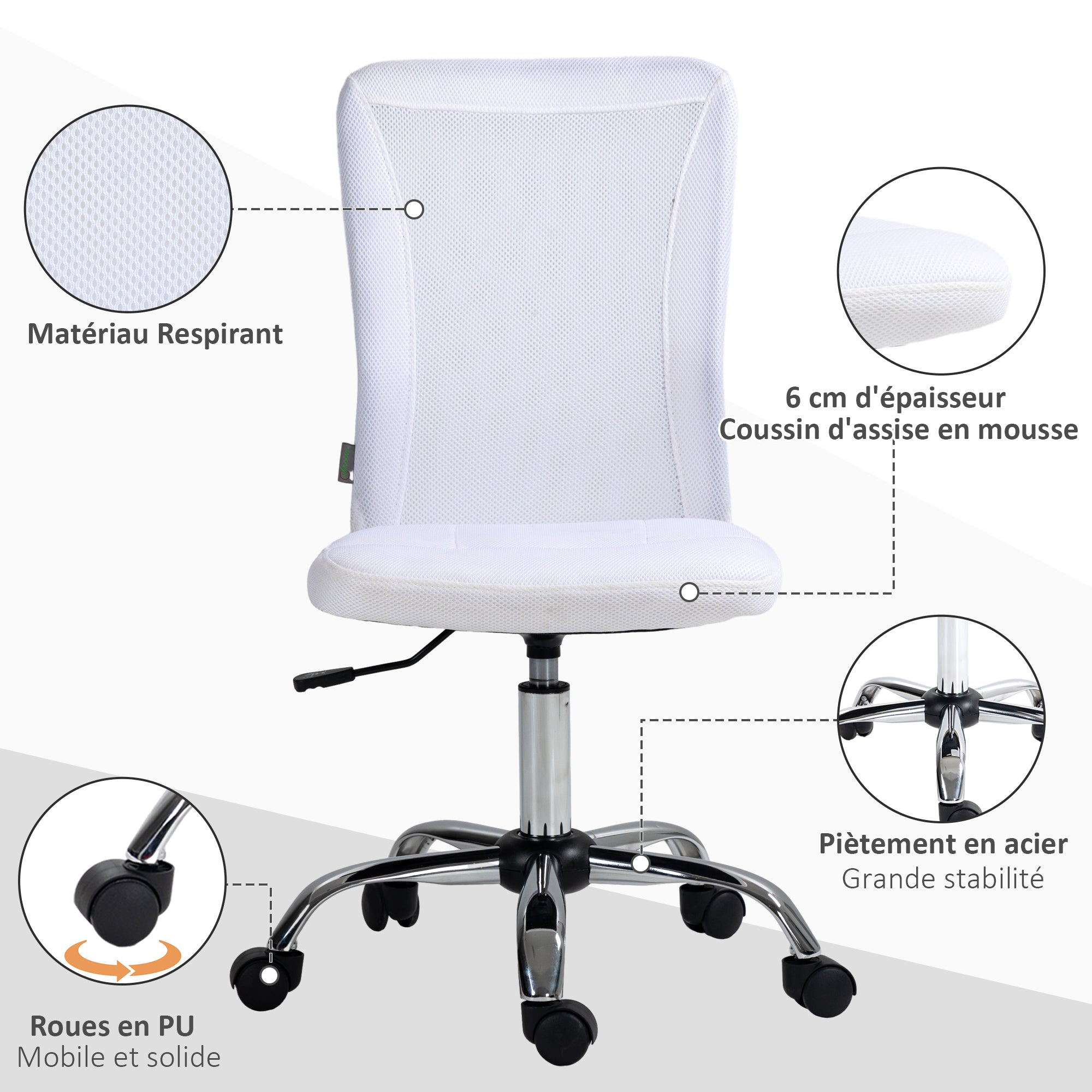 Ergonomic Office Chair Adjustable Height Manager Chair 360° Swivel White Mesh Upholstery