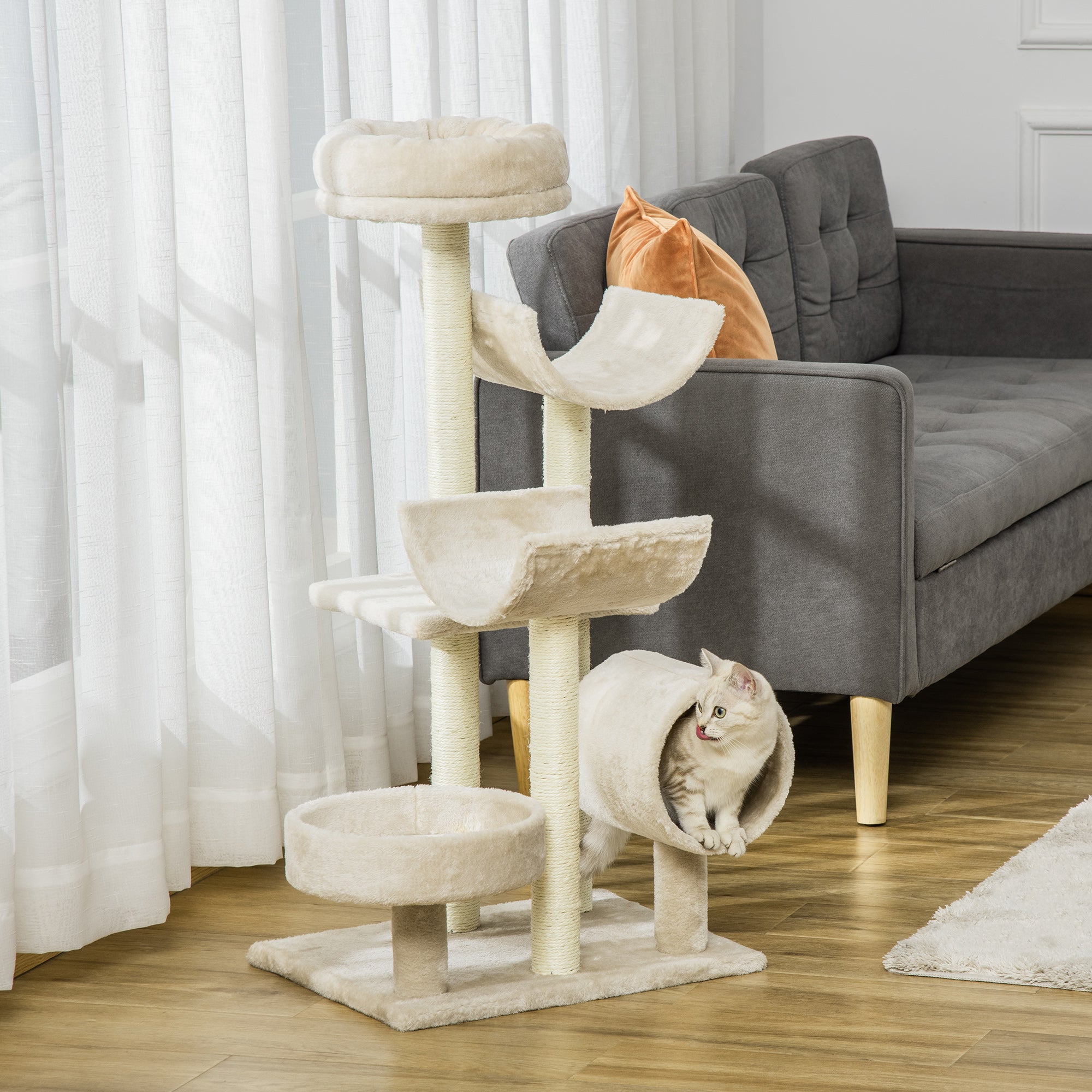 Cat Tree Cat Scratching Post Cat Climbing Tree Scratching Toy Tunnel Beige L50 x W40 x H105 cm