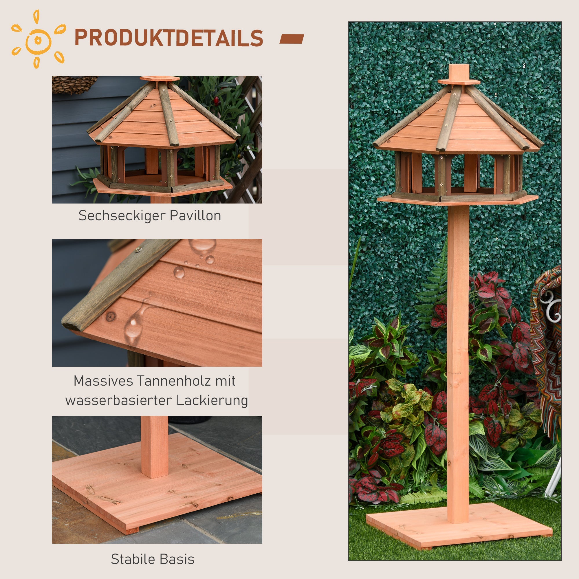 Birdhouse with Stand Weatherproof Bird Feeder House with Weatherproof Roof Wooden Bird Feeder for Wild Birds Ø52 x 130H cm Natural