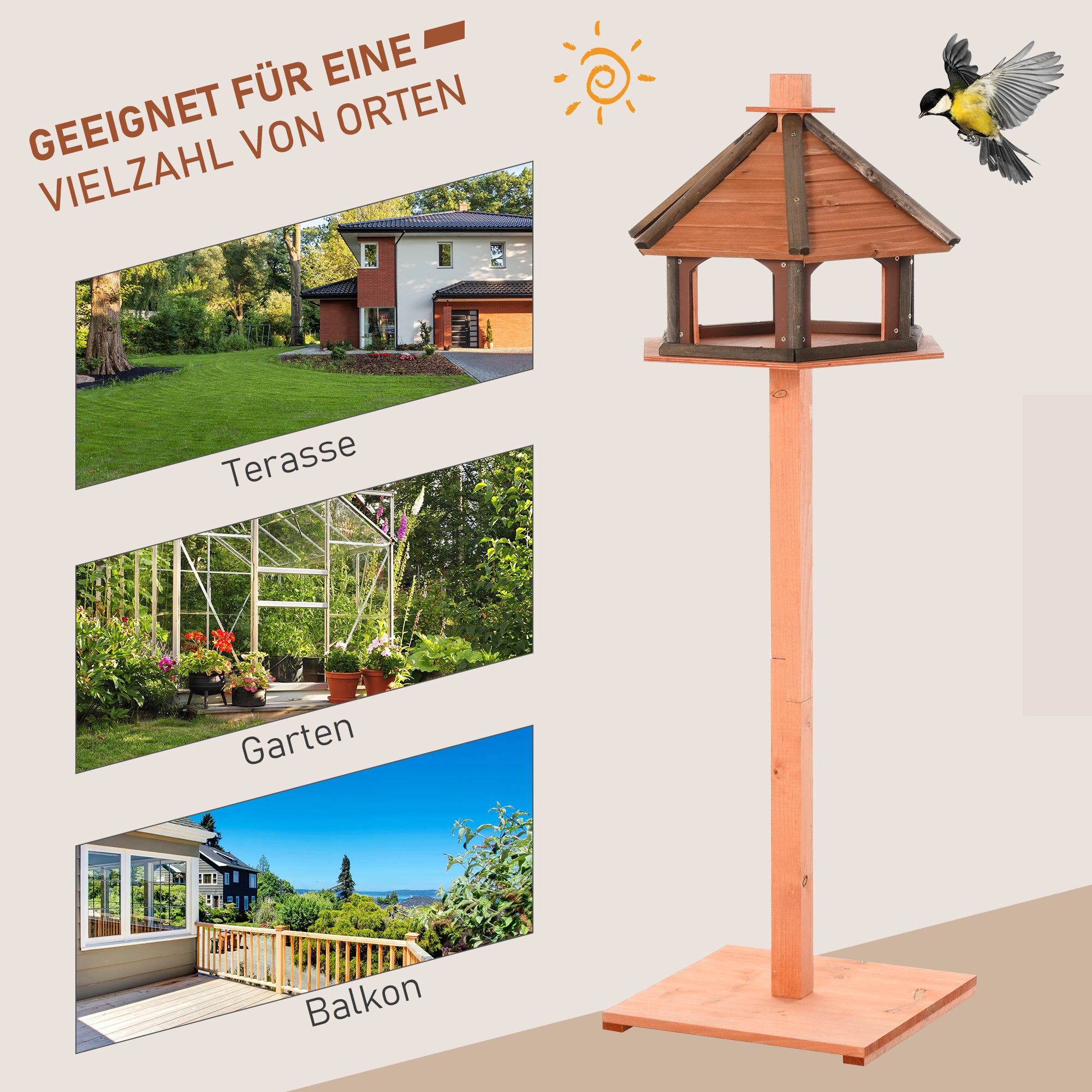 Birdhouse with Stand Weatherproof Bird Feeder House with Weatherproof Roof Wooden Bird Feeder for Wild Birds Ø52 x 130H cm Natural