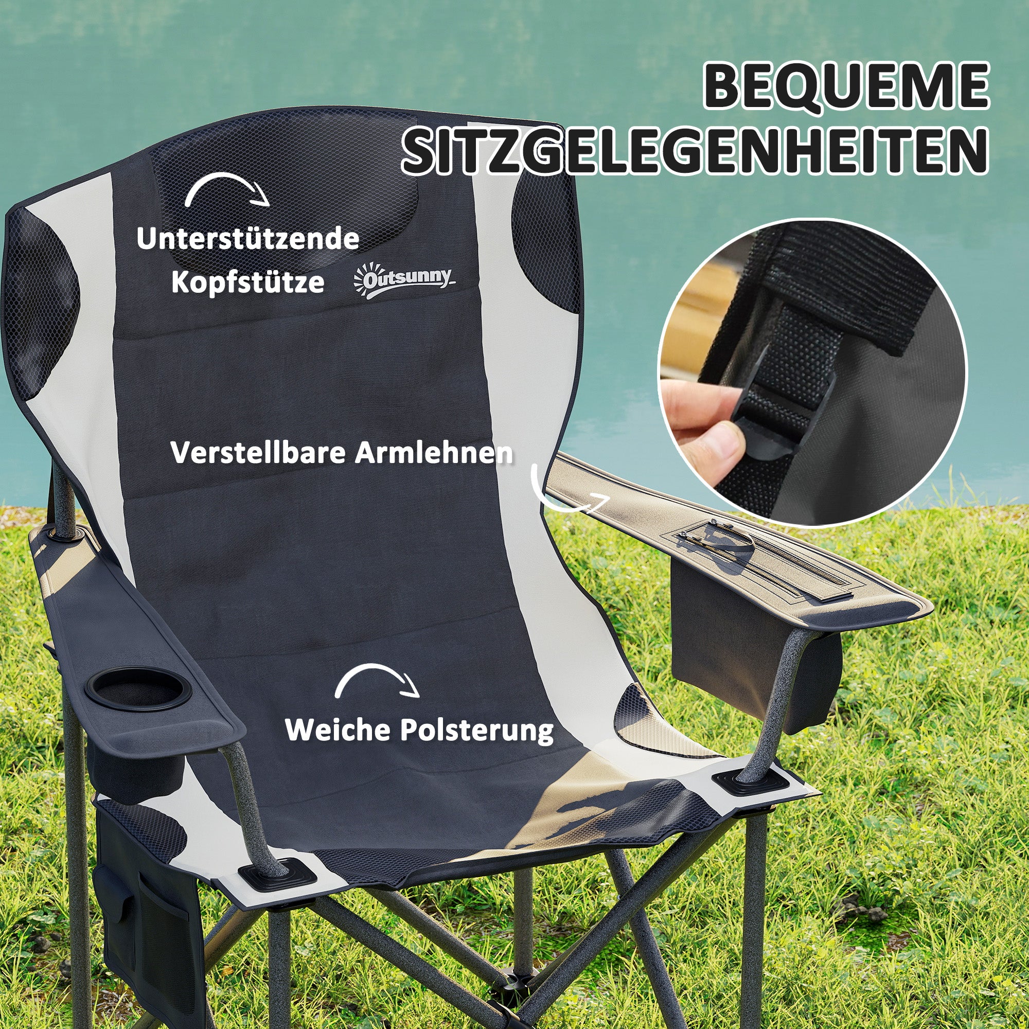 Set of 2 Folding Camping Chairs with Armrests, Drink Holder, Headrest, Cooler Bag Outdoor Folding Chair up to 120kg Load Capacity Padded Fishing Chair Garden Chair for Garden Camping