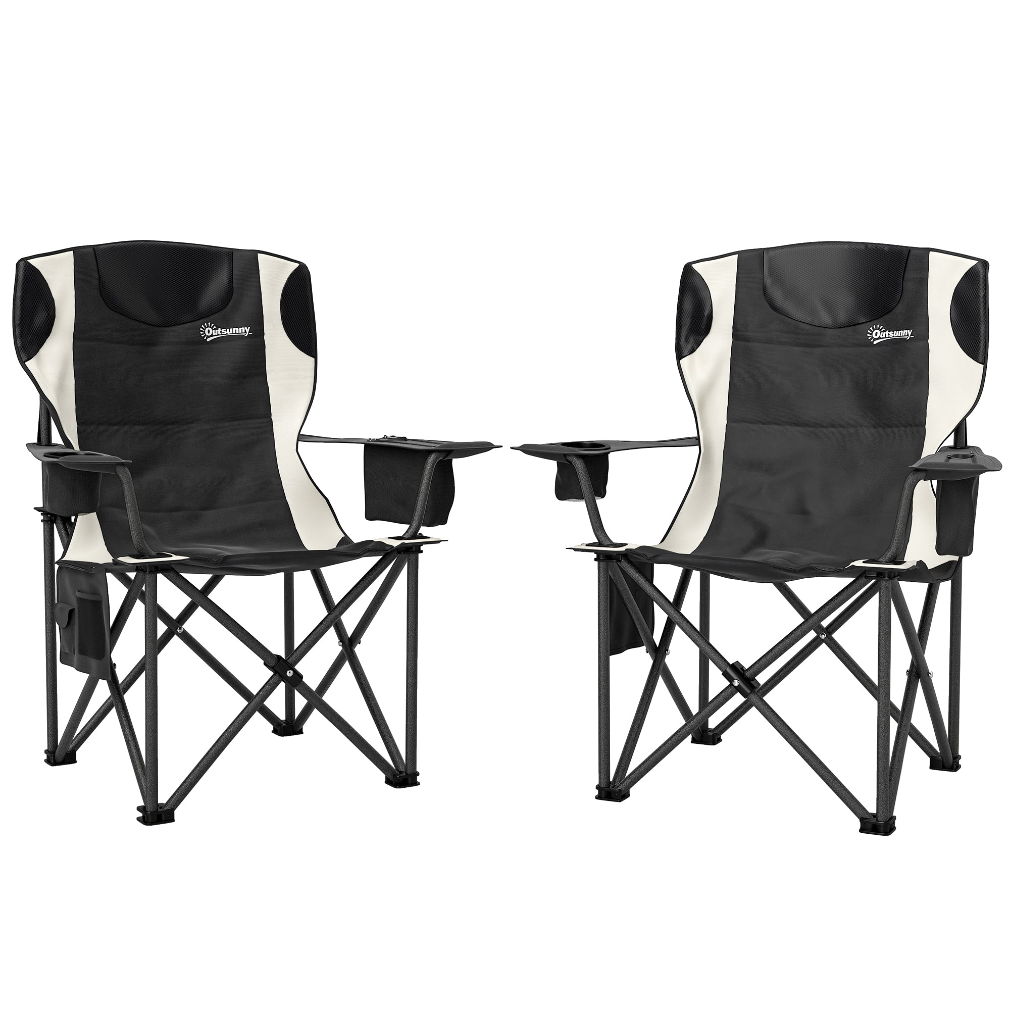 Set of 2 Folding Camping Chairs with Armrests, Drink Holder, Headrest, Cooler Bag Outdoor Folding Chair up to 120kg Load Capacity Padded Fishing Chair Garden Chair for Garden Camping