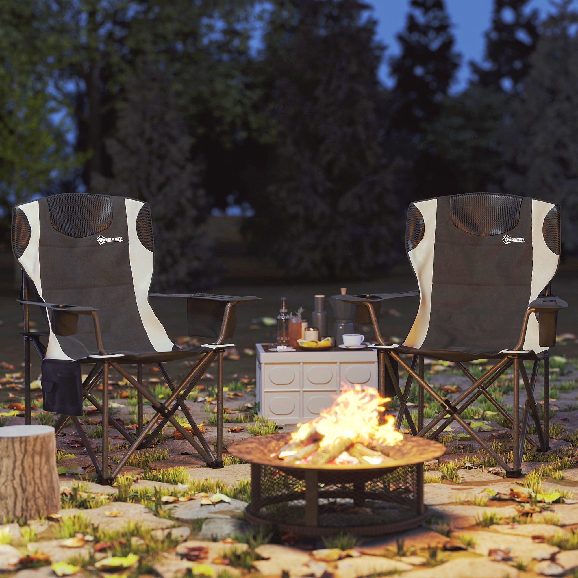 Set of 2 Folding Camping Chairs with Armrests, Drink Holder, Headrest, Cooler Bag Outdoor Folding Chair up to 120kg Load Capacity Padded Fishing Chair Garden Chair for Garden Camping