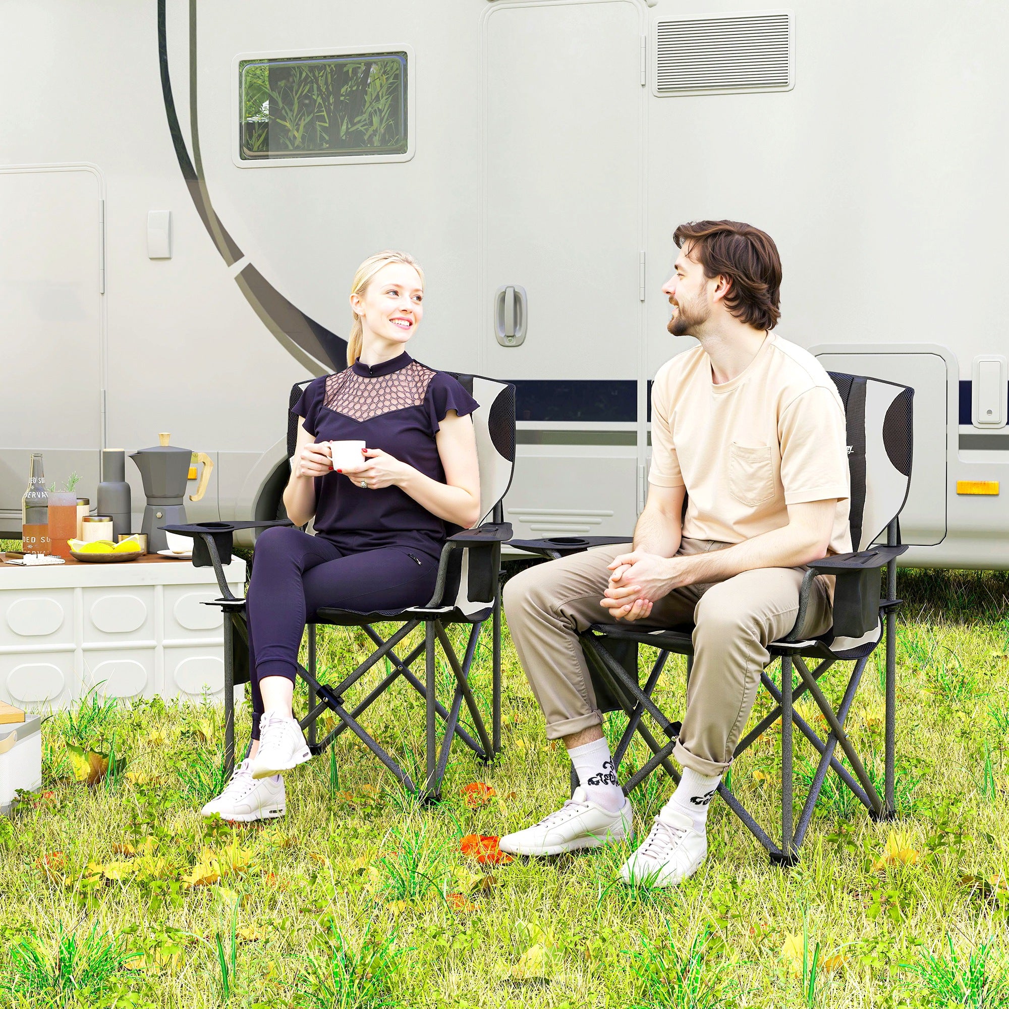 Set of 2 Folding Camping Chairs with Armrests, Drink Holder, Headrest, Cooler Bag Outdoor Folding Chair up to 120kg Load Capacity Padded Fishing Chair Garden Chair for Garden Camping