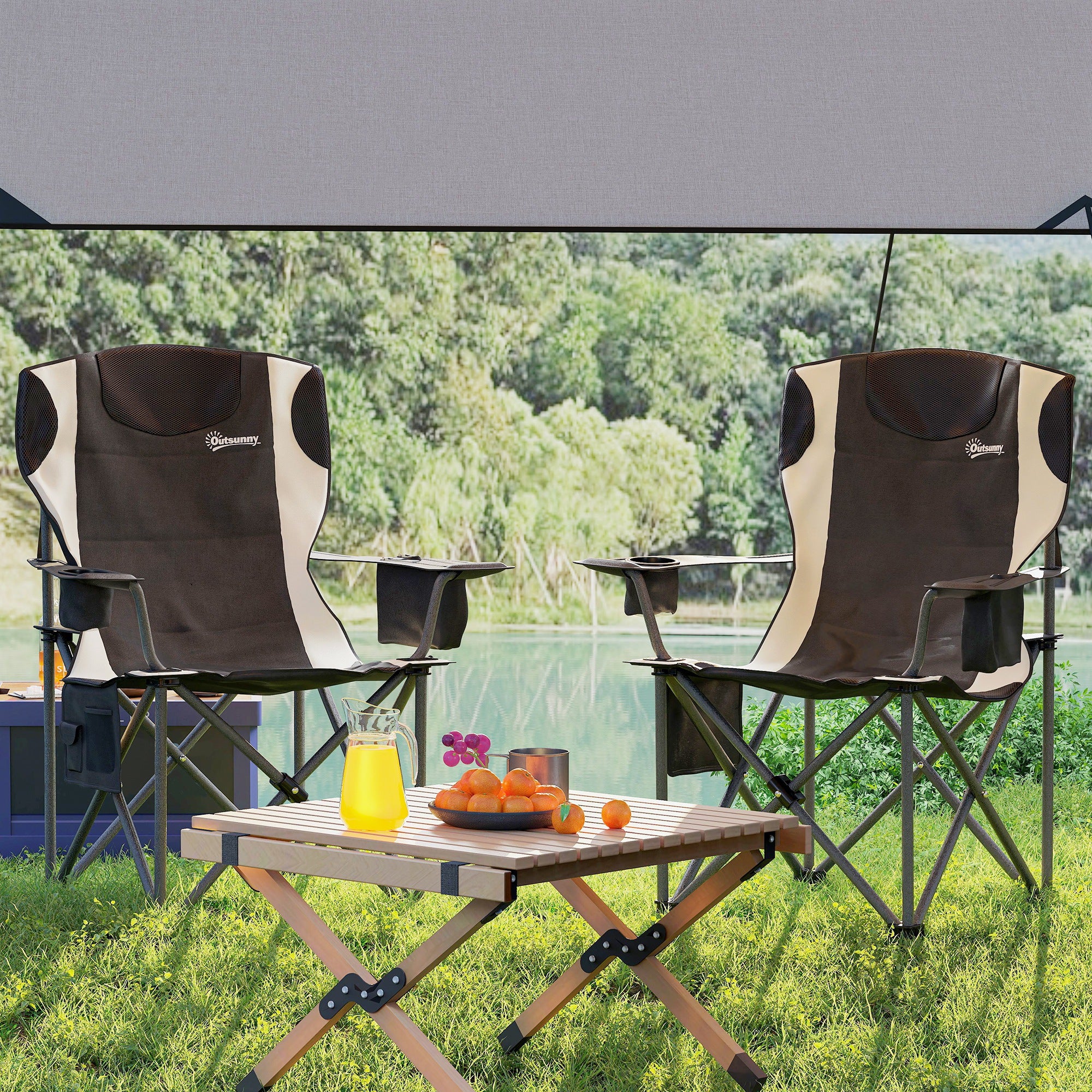 Set of 2 Folding Camping Chairs with Armrests, Drink Holder, Headrest, Cooler Bag Outdoor Folding Chair up to 120kg Load Capacity Padded Fishing Chair Garden Chair for Garden Camping