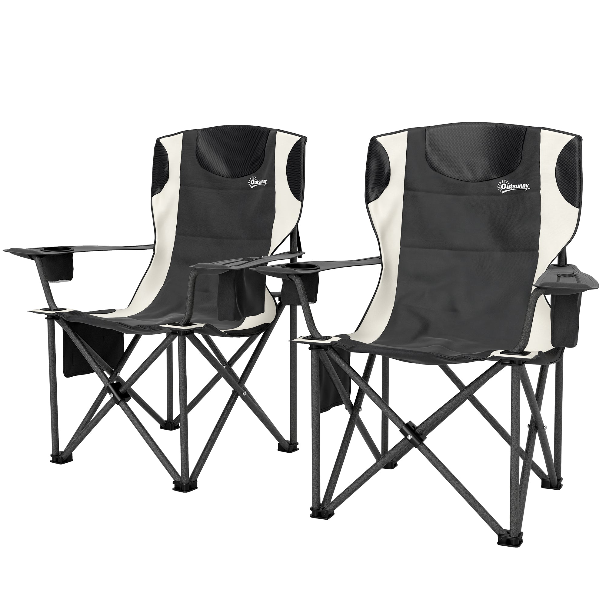 Set of 2 Folding Camping Chairs with Armrests, Drink Holder, Headrest, Cooler Bag Outdoor Folding Chair up to 120kg Load Capacity Padded Fishing Chair Garden Chair for Garden Camping