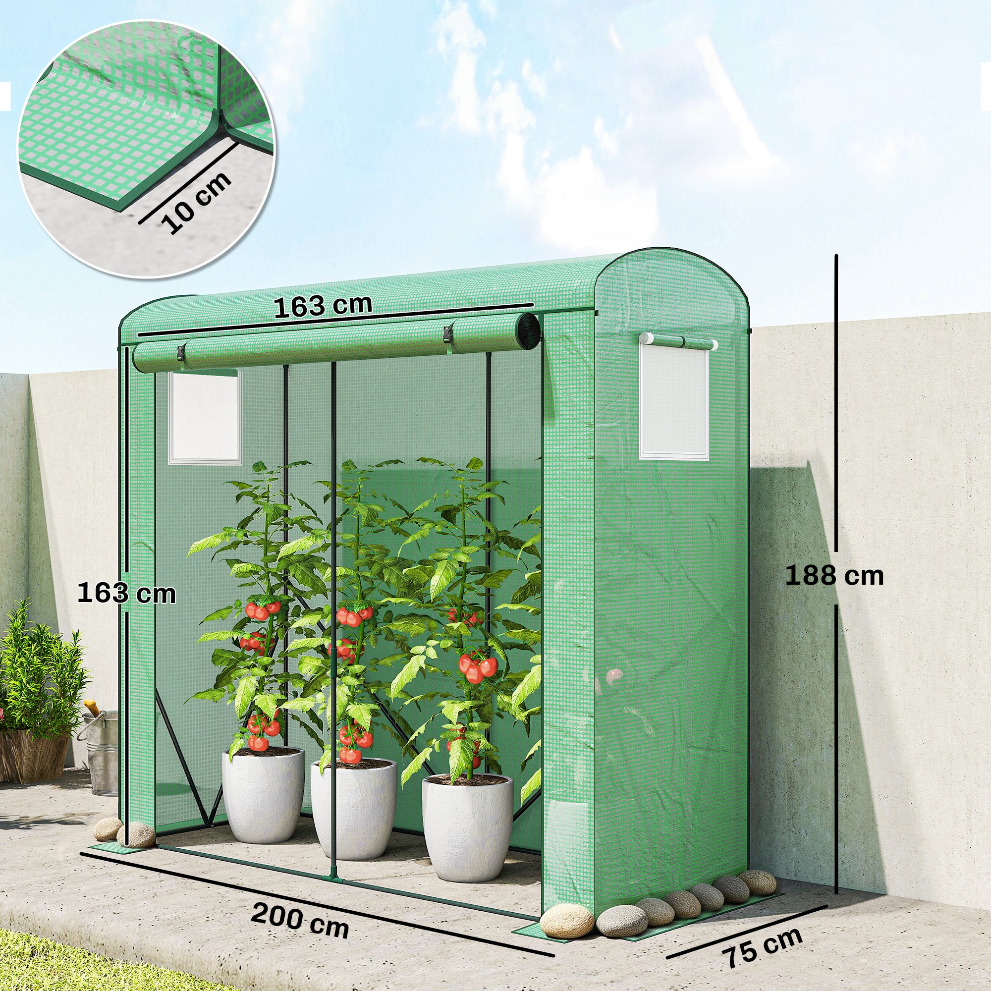 Greenhouse with Mesh Windows & Roll-Up Door, Steel-Frame PE Greenhouse, 200 x 75 x 188 cm, Ideal for Tomatoes, Vegetables & Flowers, Green