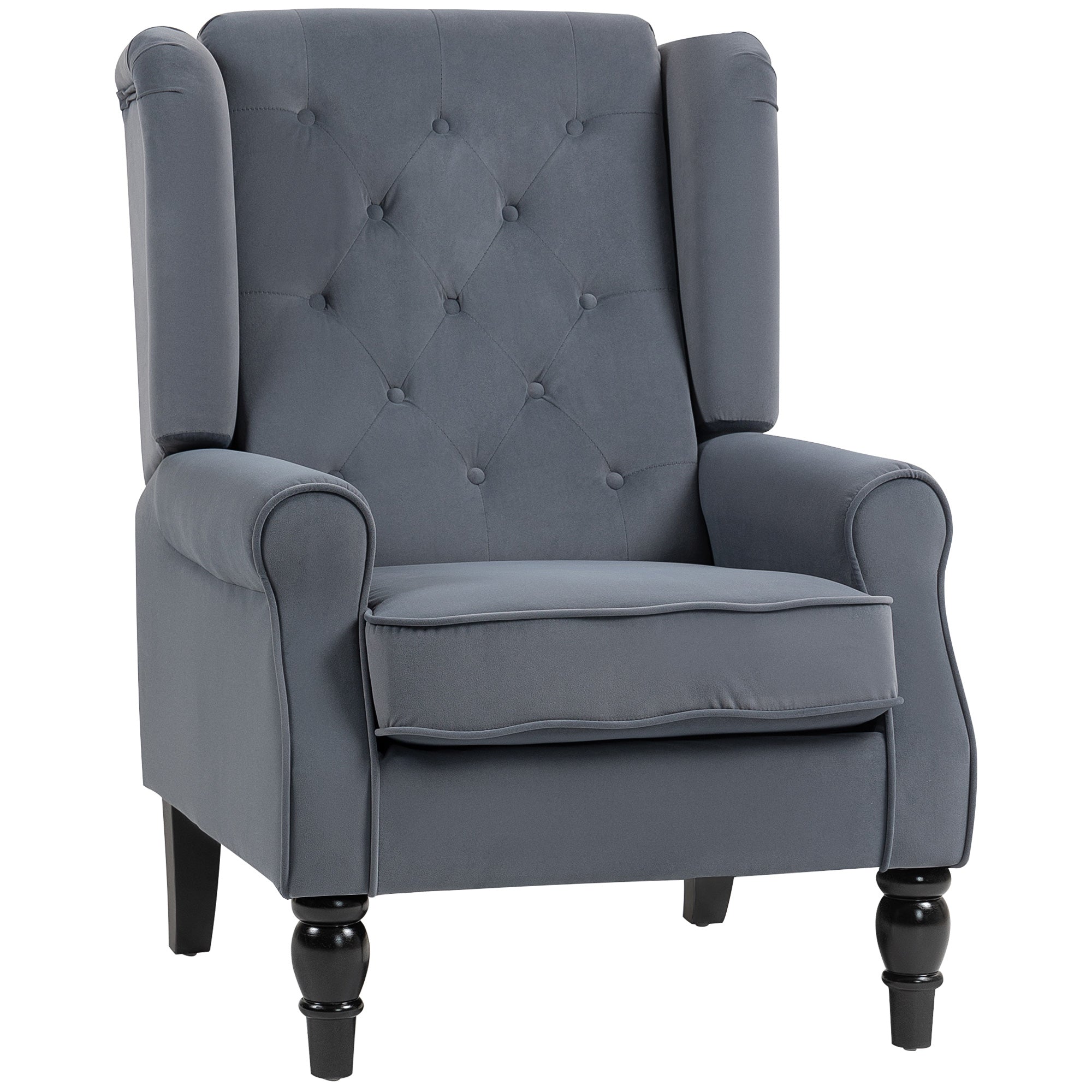 Wingback Armchair with Armrests, Tufted Lounge Chair with Cushion, High Back Velvet-Look Accent Chair with Wooden Legs, Gray