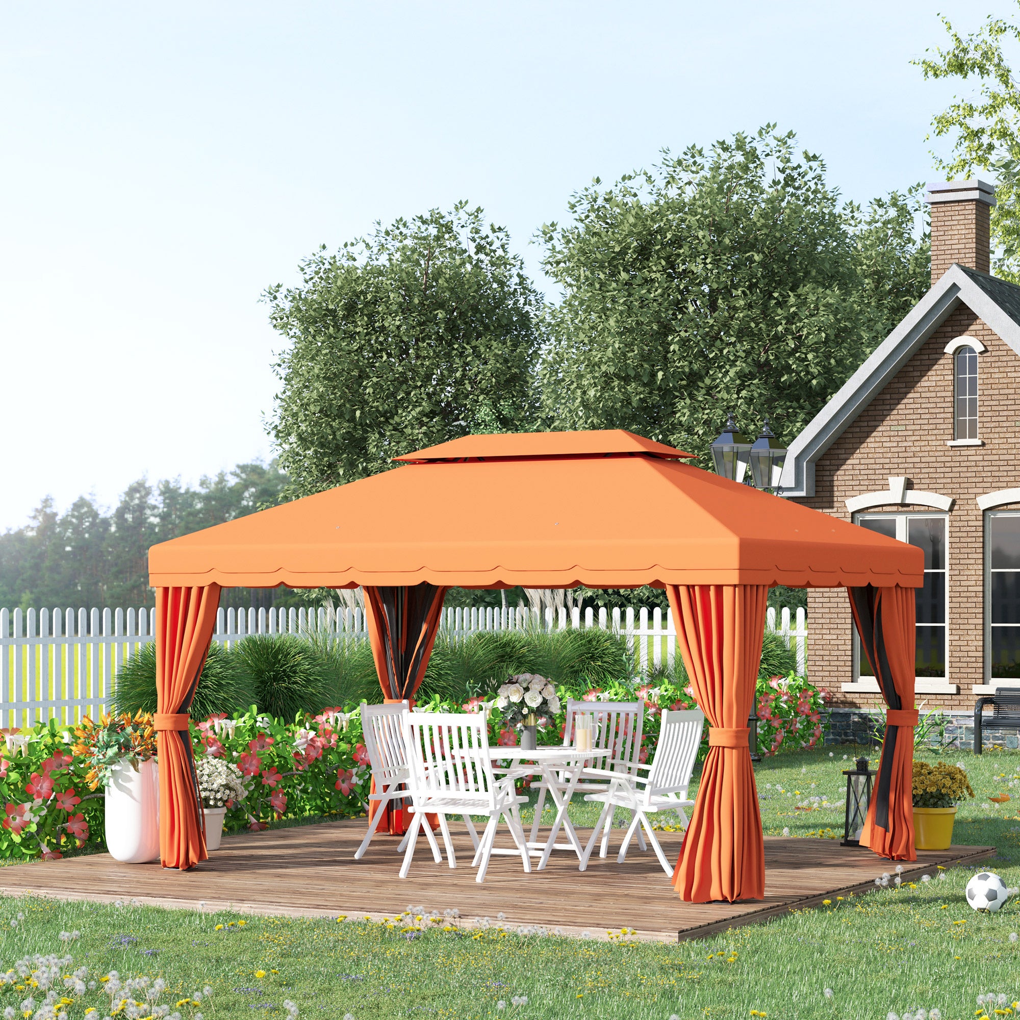 Garden Gazebo 4x3 m with Mosquito Net and Sunshade Curtains, Double Roof Outdoor Gazebo with Anti-UV Polyester Cover and Aluminum Alloy Frame, Orange
