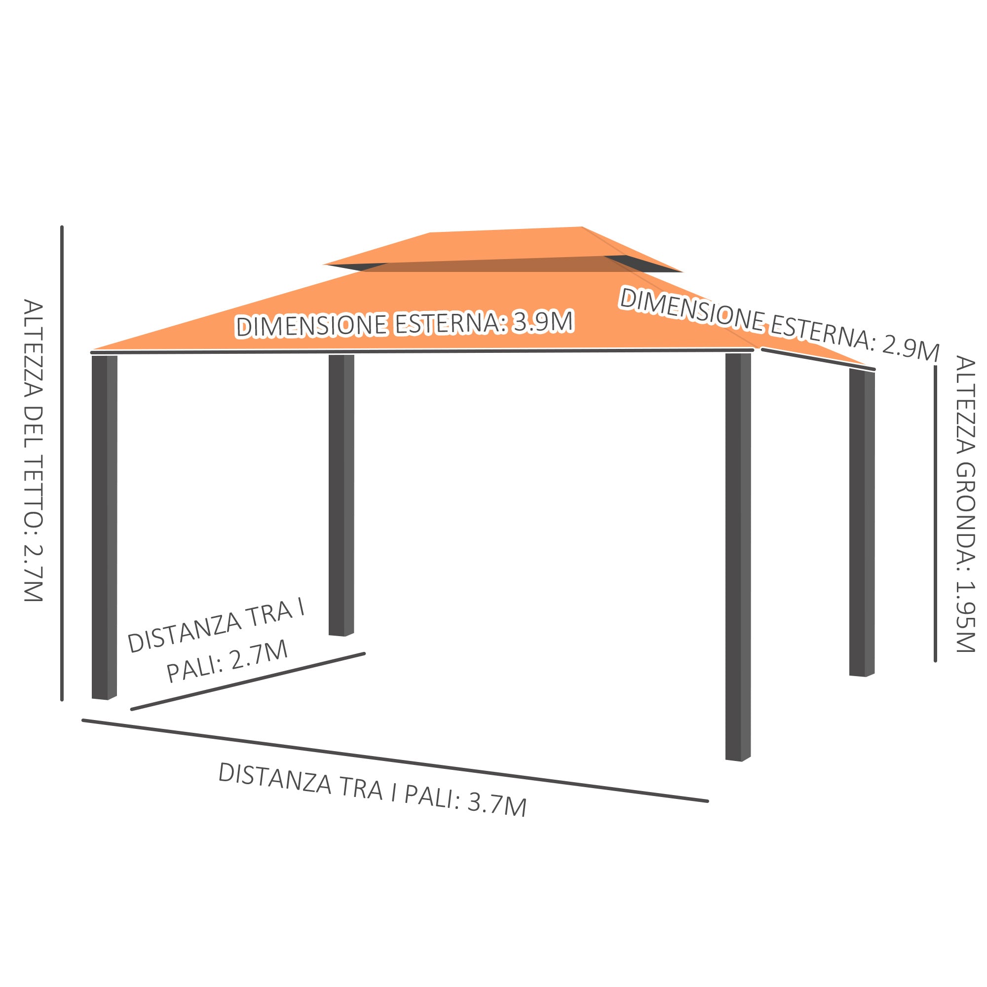 Garden Gazebo 4x3 m with Mosquito Net and Sunshade Curtains, Double Roof Outdoor Gazebo with Anti-UV Polyester Cover and Aluminum Alloy Frame, Orange