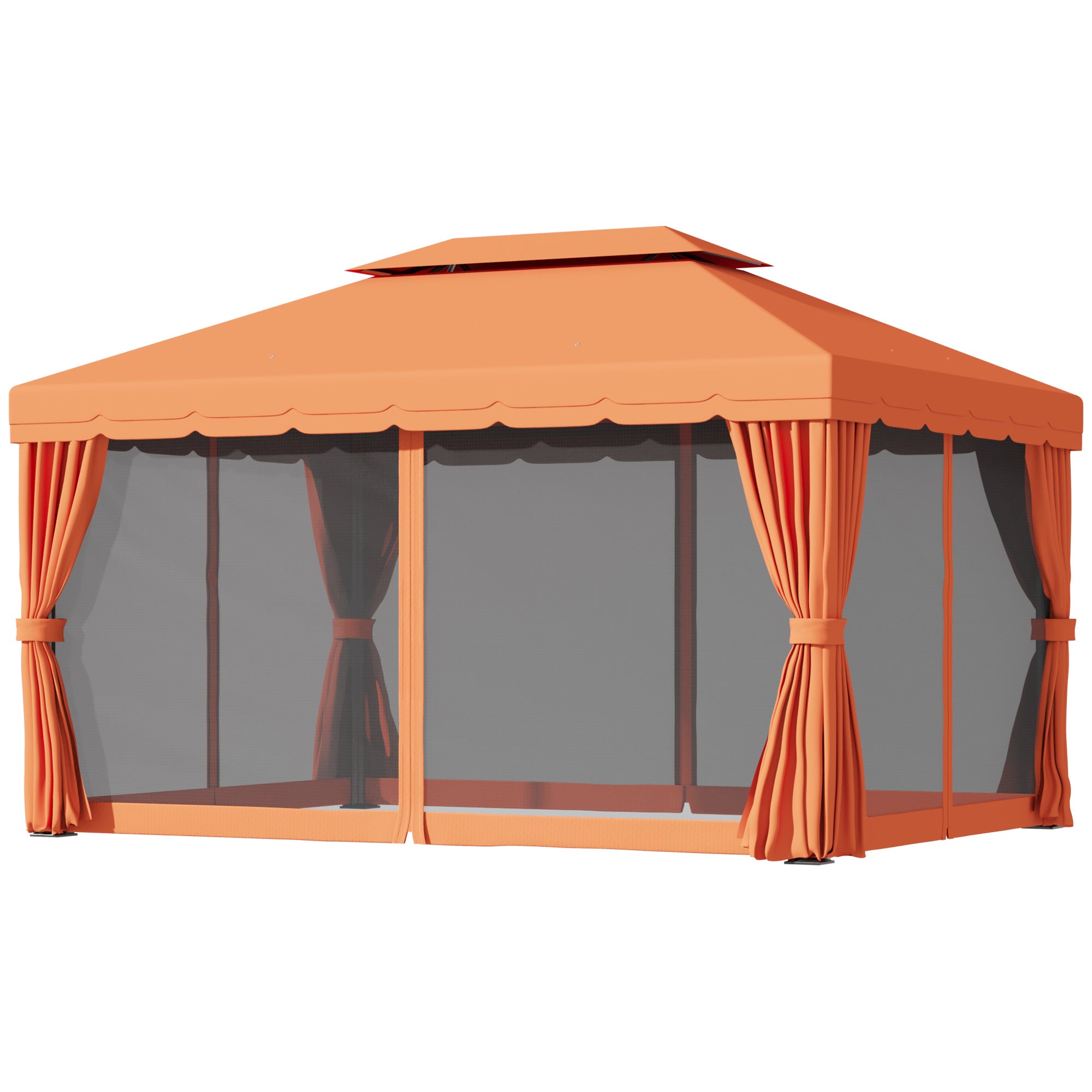 Garden Gazebo 4x3 m with Mosquito Net and Sunshade Curtains, Double Roof Outdoor Gazebo with Anti-UV Polyester Cover and Aluminum Alloy Frame, Orange