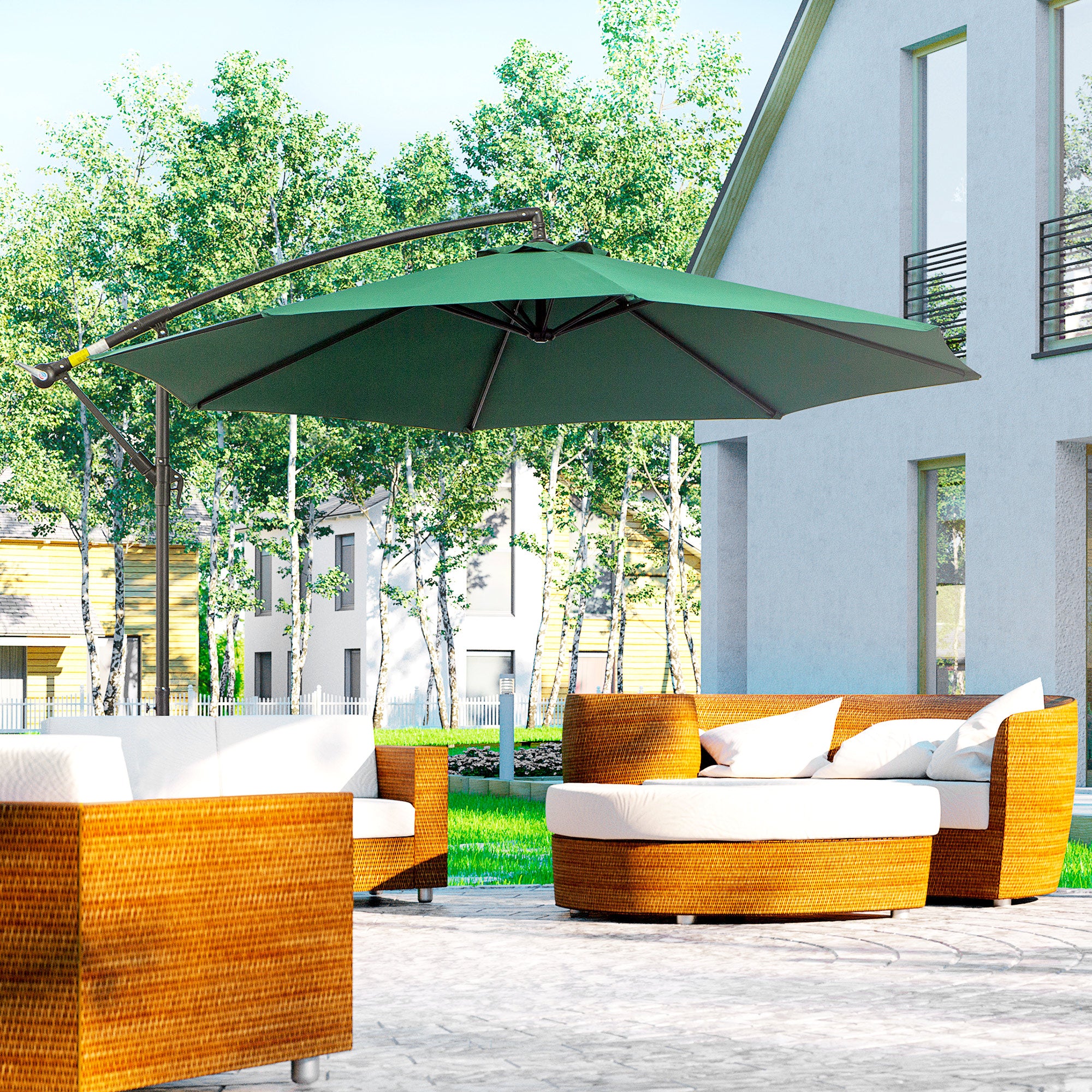 Cantilever Umbrella Ø300 cm Adjustable Sun Protection Umbrella with UV Protection Crank Umbrella with Stand, Crank Mechanism, Market Umbrella Garden Umbrella Sun Protection for Balcony Garden Terrace Green