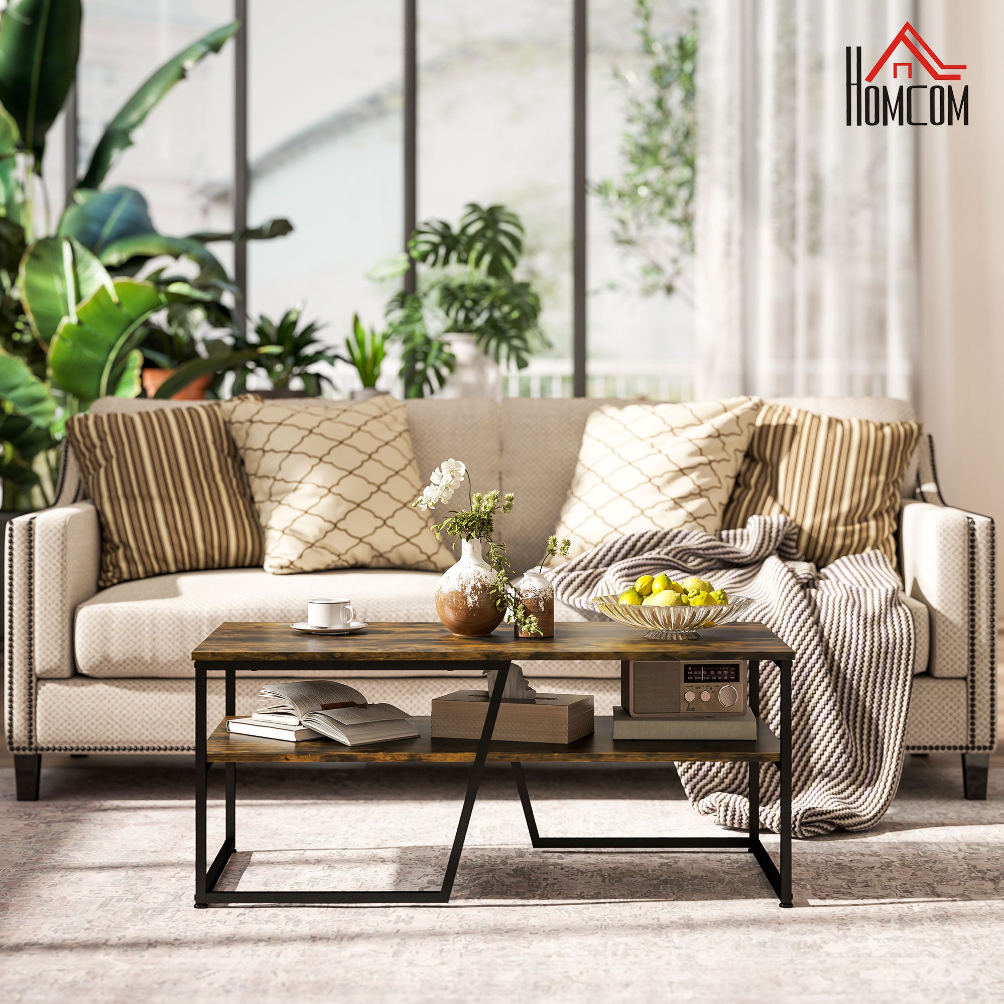 Rectangular Industrial Style Coffee Table with 1 Shelf and 1 Storage Shelf - 106 x 55 x 45 cm