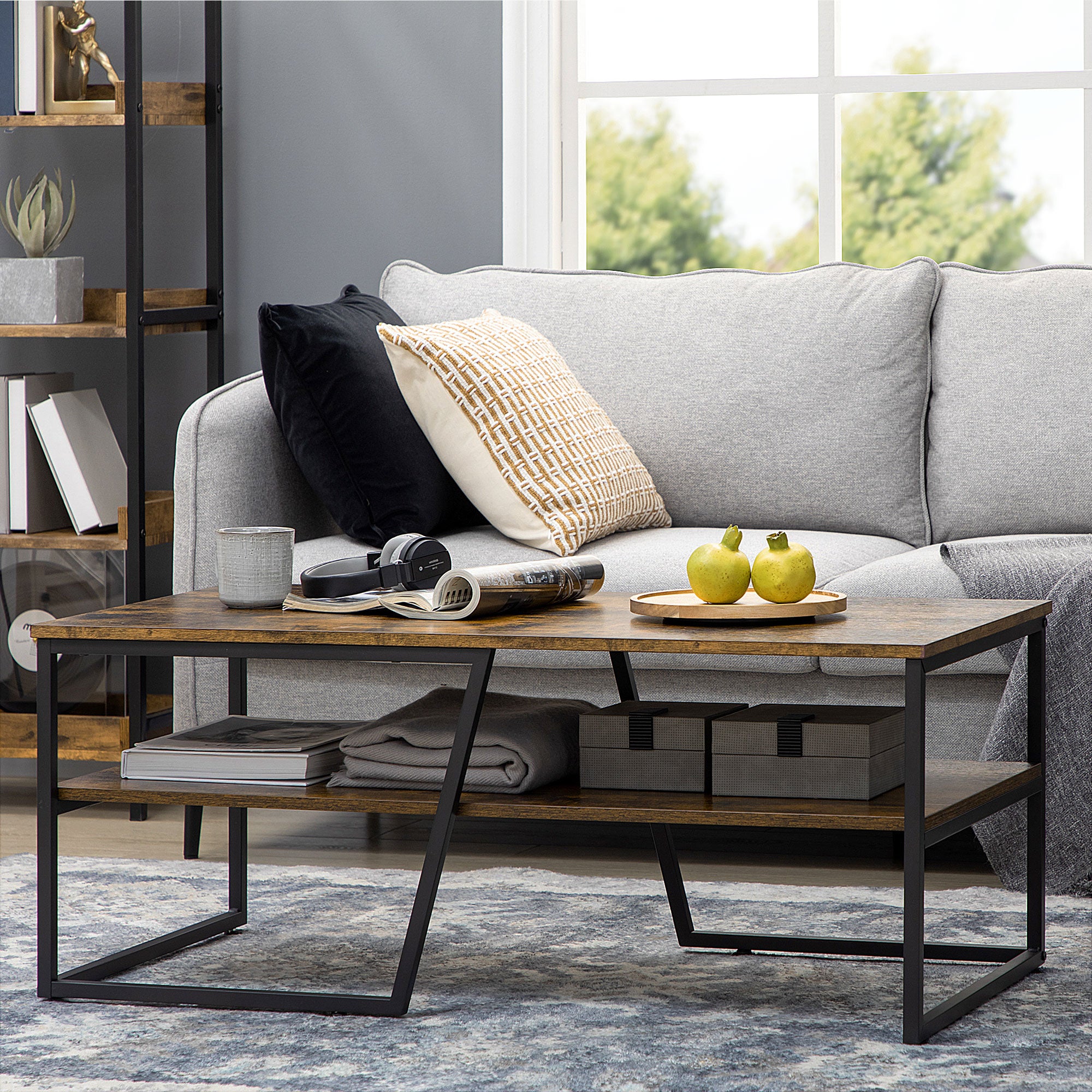 Rectangular Industrial Style Coffee Table with 1 Shelf and 1 Storage Shelf - 106 x 55 x 45 cm