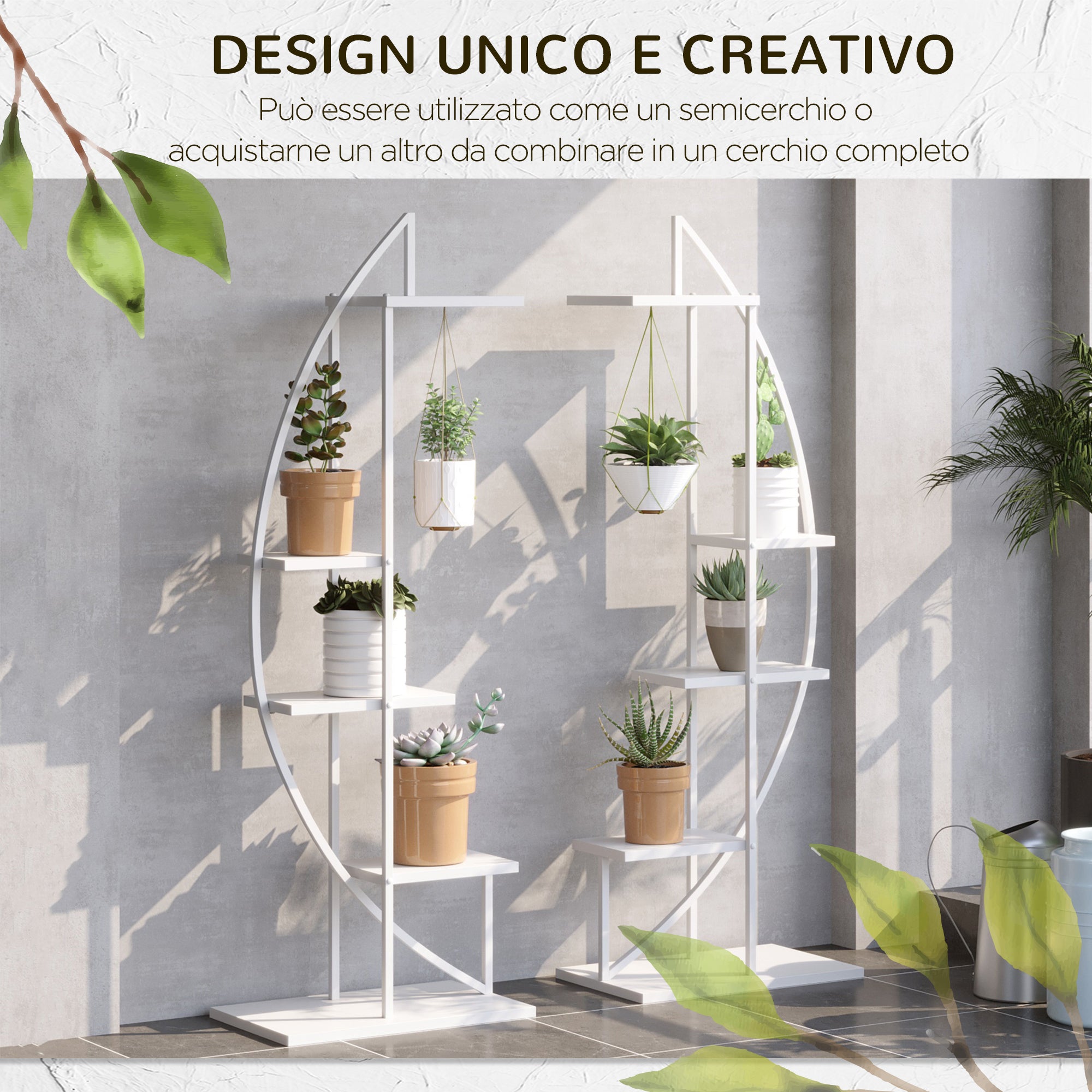 5-Tier Half-Moon Plant Stand, Flower Stand for Indoor and Outdoor in MDF and Steel, 50x30x160 cm, White
