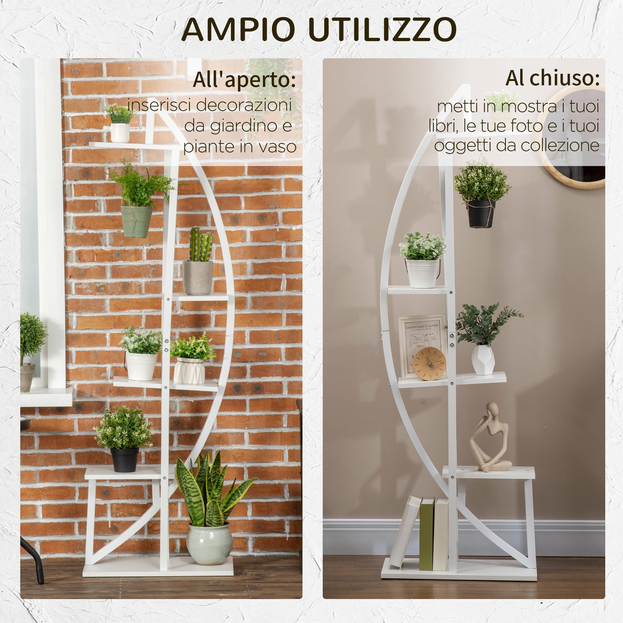 5-Tier Half-Moon Plant Stand, Flower Stand for Indoor and Outdoor in MDF and Steel, 50x30x160 cm, White