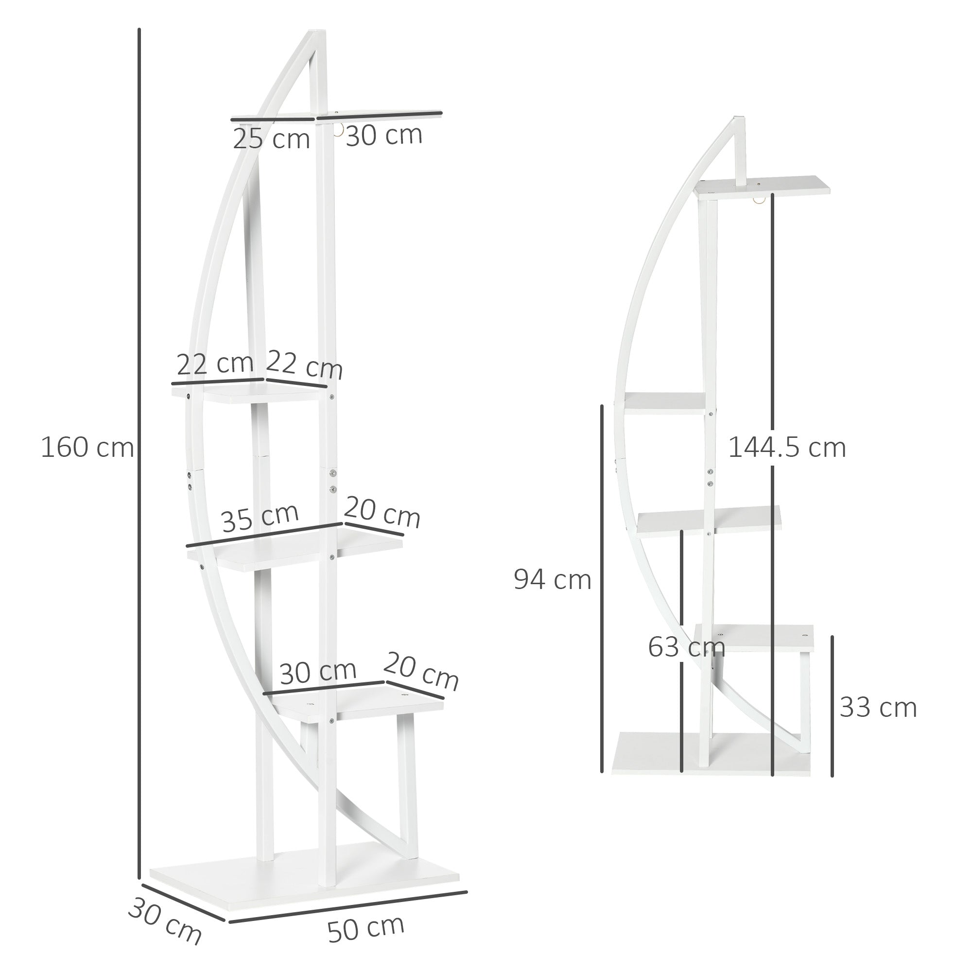 5-Tier Half-Moon Plant Stand, Flower Stand for Indoor and Outdoor in MDF and Steel, 50x30x160 cm, White