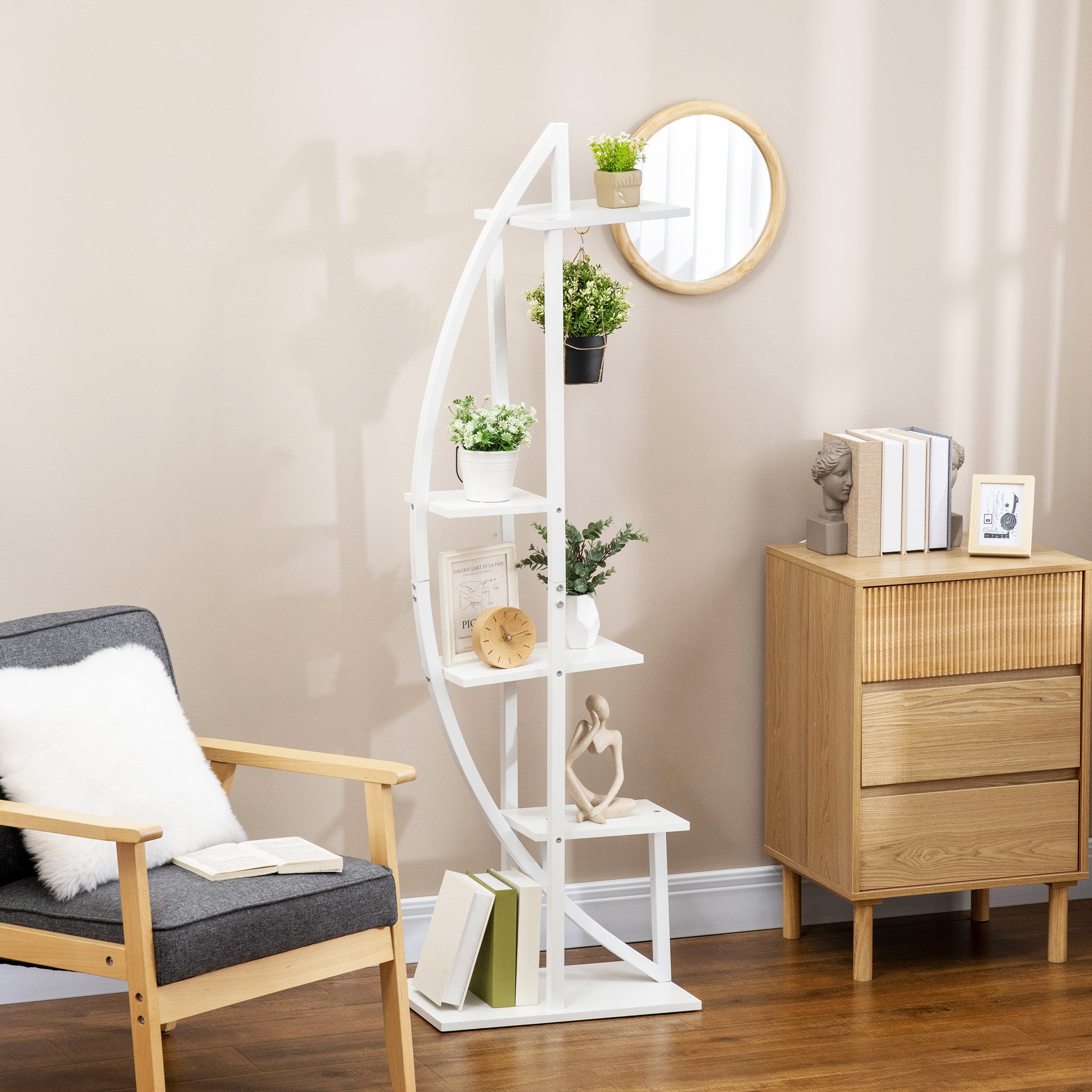 5-Tier Half-Moon Plant Stand, Flower Stand for Indoor and Outdoor in MDF and Steel, 50x30x160 cm, White