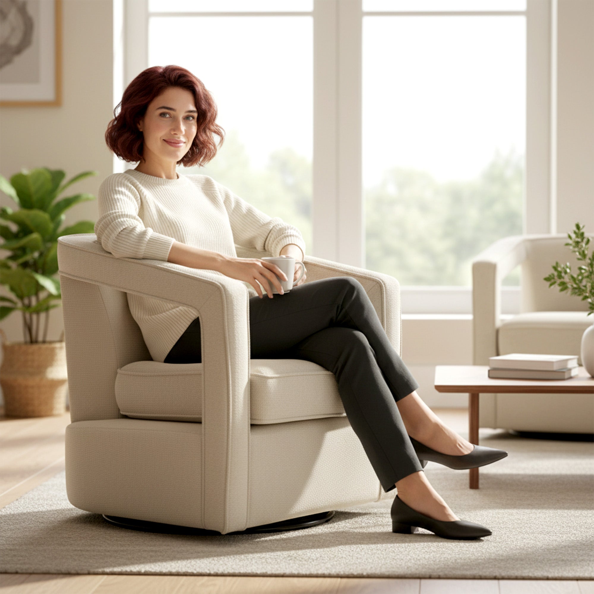 Living Room 360° Swivel Armchair — Linen-Look Upholstered Lounge & Reading Chair with One-Piece Back and Armrests, Beige