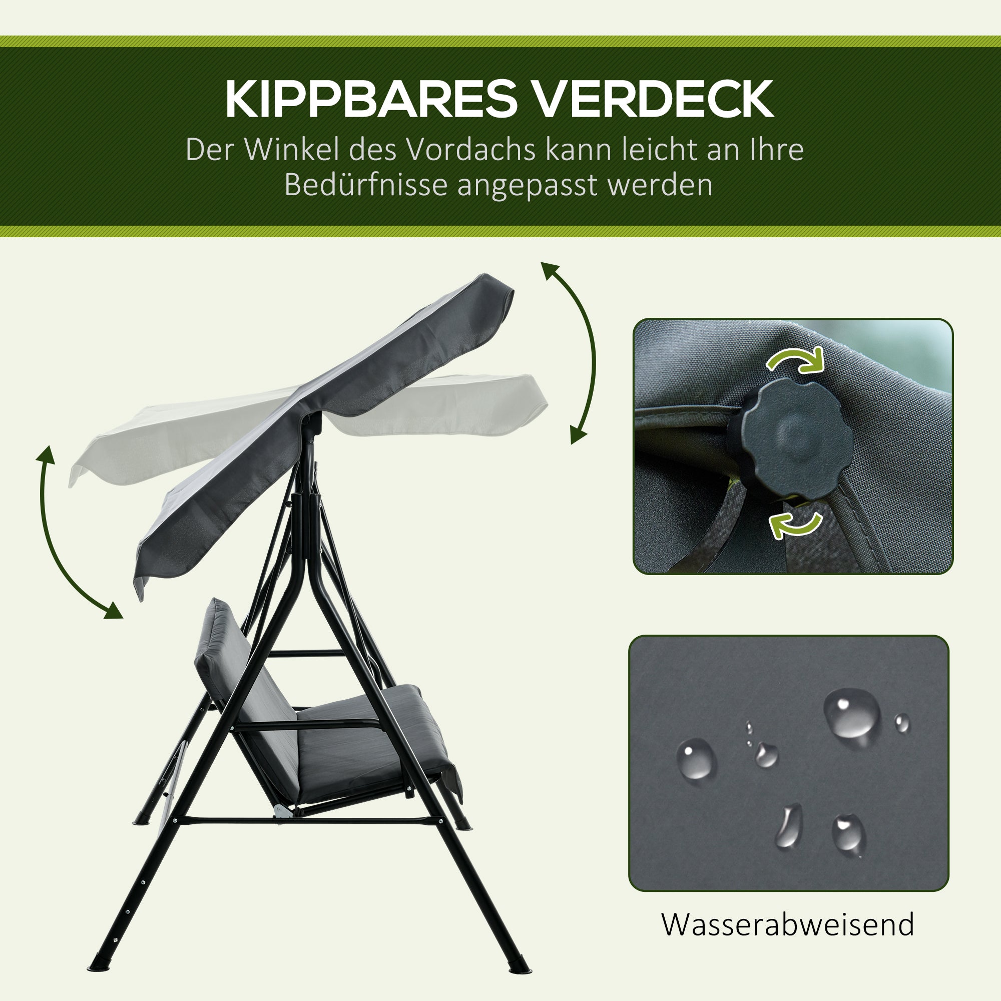 Hollywood Swing with Seat Cushion, 3-Seater Garden Swing with Adjustable Sunshade, Swing Bench Holds up to 240 kg, for Garden, Terrace, 172 x 110 x 153 cm, Gray