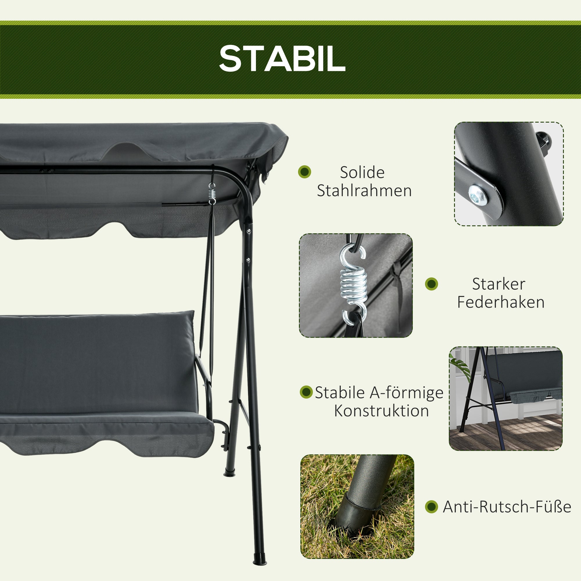 Hollywood Swing with Seat Cushion, 3-Seater Garden Swing with Adjustable Sunshade, Swing Bench Holds up to 240 kg, for Garden, Terrace, 172 x 110 x 153 cm, Gray