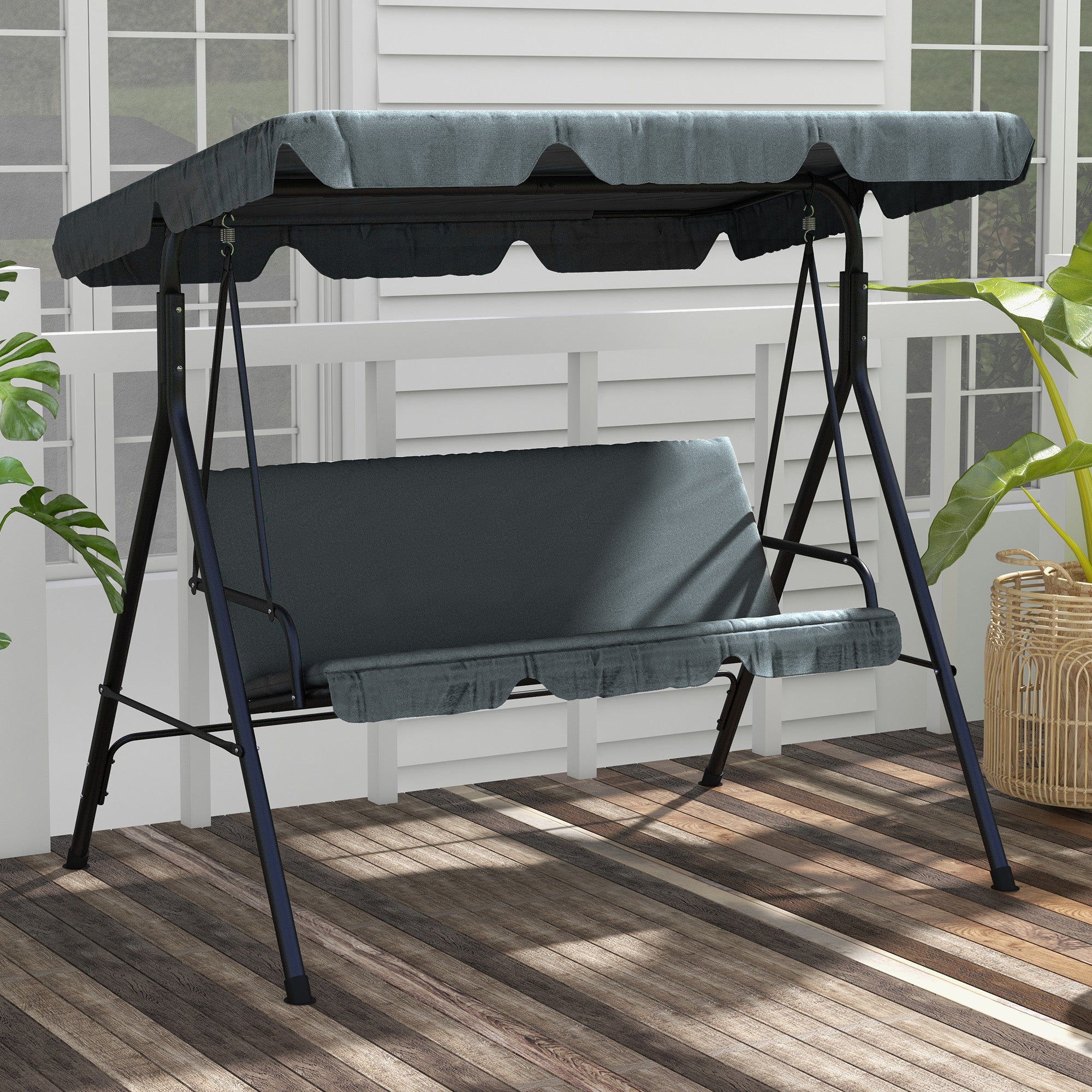 Hollywood Swing with Seat Cushion, 3-Seater Garden Swing with Adjustable Sunshade, Swing Bench Holds up to 240 kg, for Garden, Terrace, 172 x 110 x 153 cm, Gray
