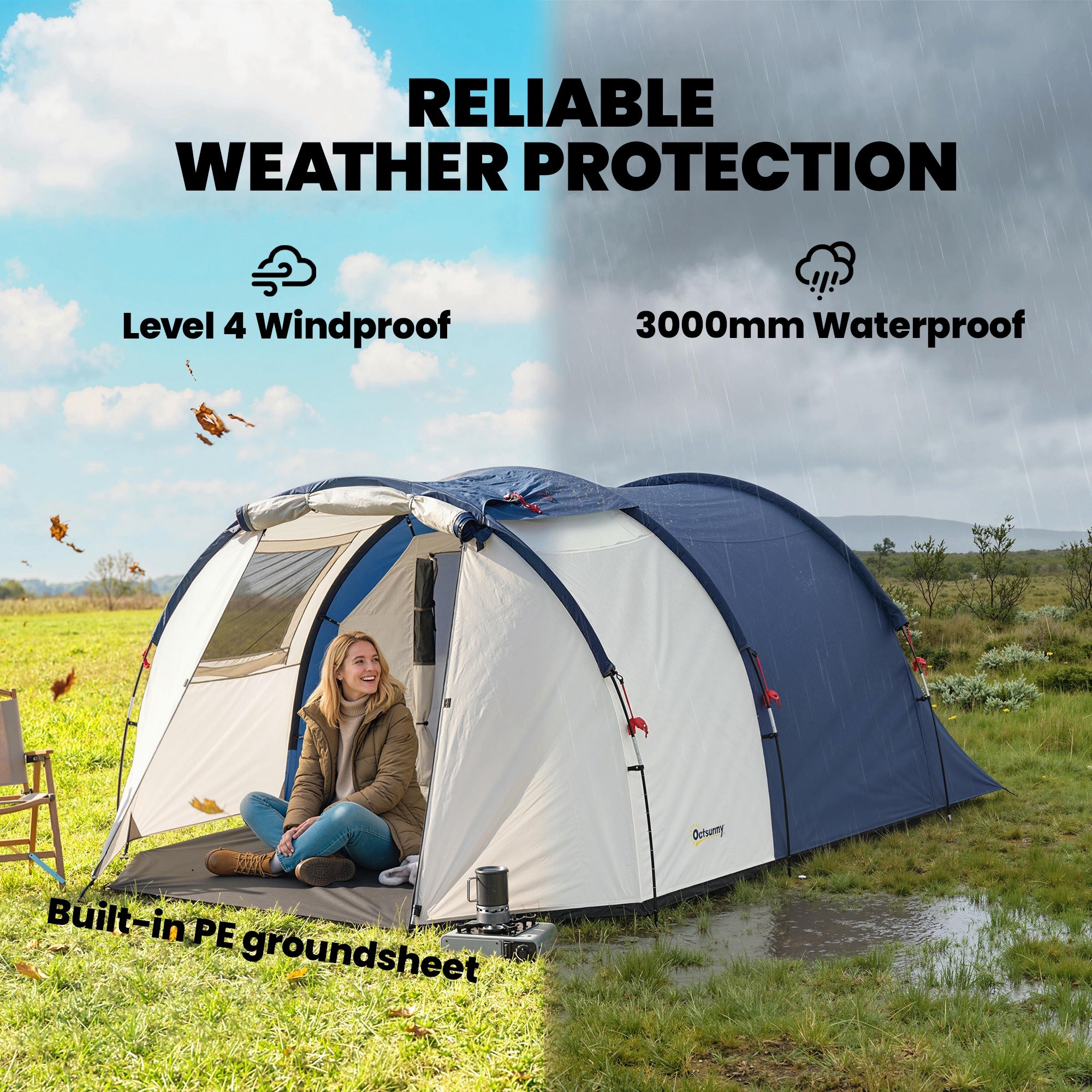 4-Person Tunnel Tent — Separate Living & Sleeping Areas, 3000mm Waterproof, Carry Bag — Navy & Cream