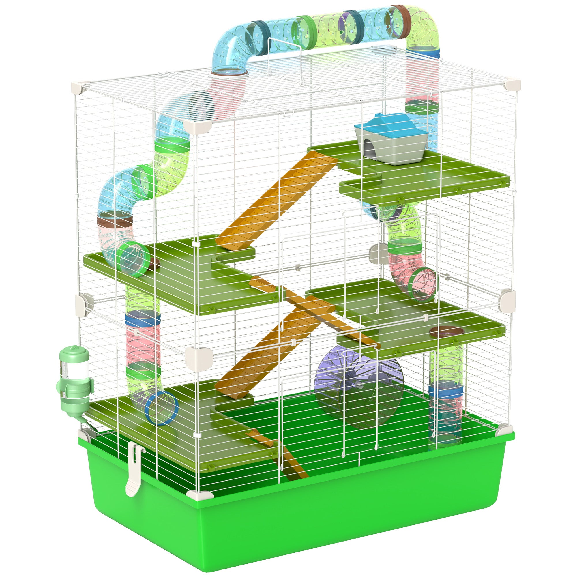 Large hamster cage rodent cage 5 levels with tunnels, water bottle, wheel, house, ladders, dim. 59L x 36W x 69H cm
