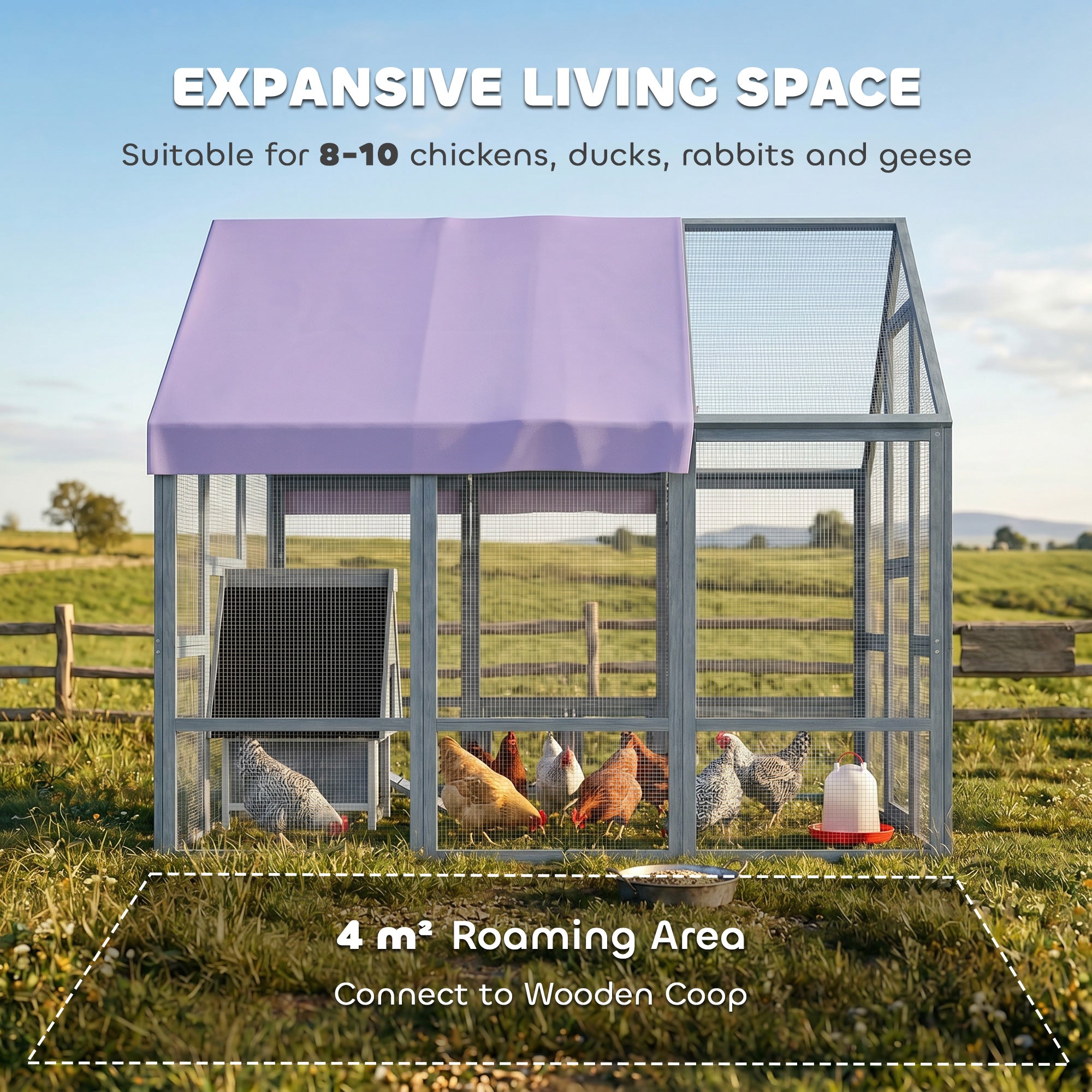 Walk-In Chicken Run — approx. 43 sq ft (4 m²), Weatherproof Cover, 2 Nest Boxes & 2 Perches, Safety Lock — Fits 8–10 Hens, Dark Gray