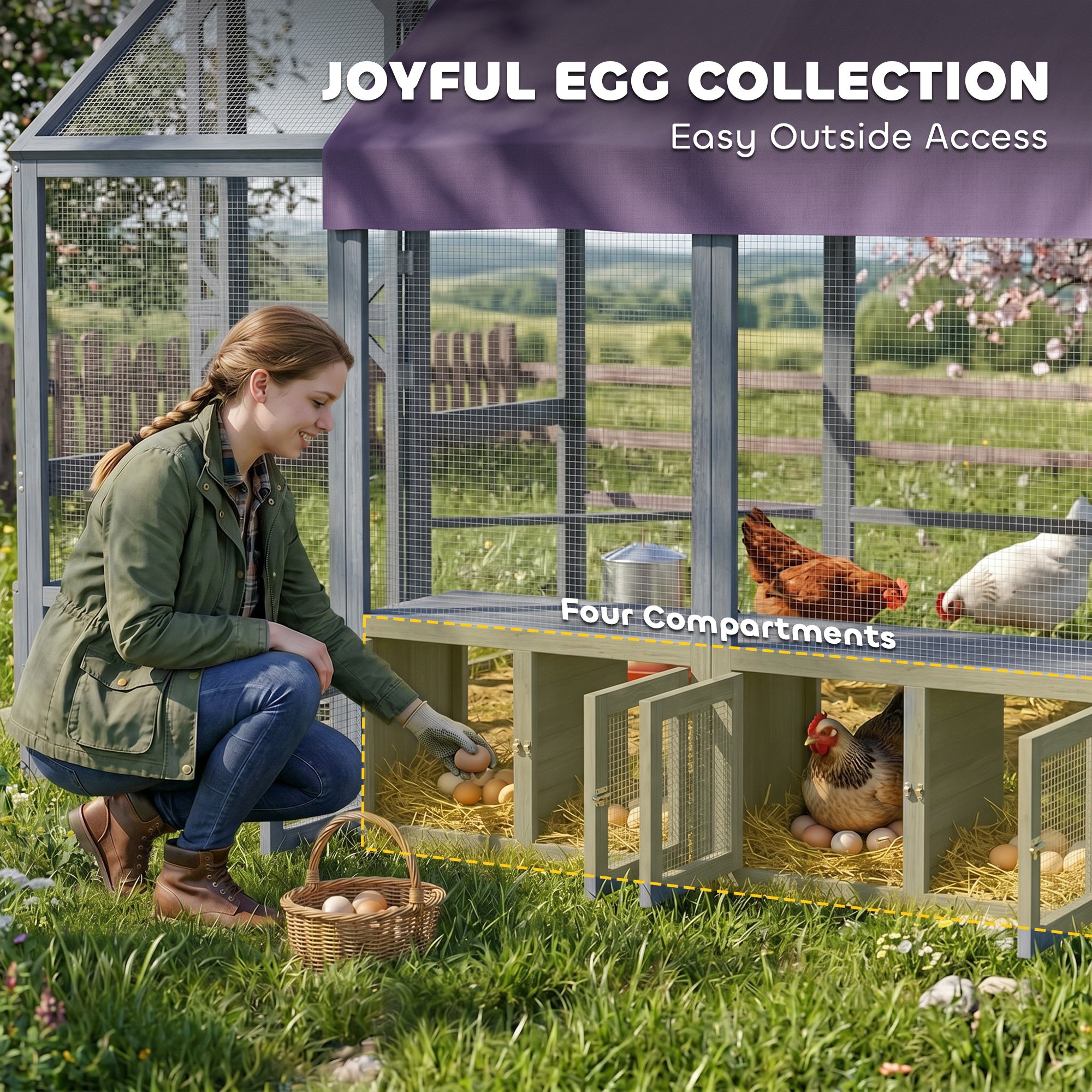 Walk-In Chicken Run — approx. 43 sq ft (4 m²), Weatherproof Cover, 2 Nest Boxes & 2 Perches, Safety Lock — Fits 8–10 Hens, Dark Gray