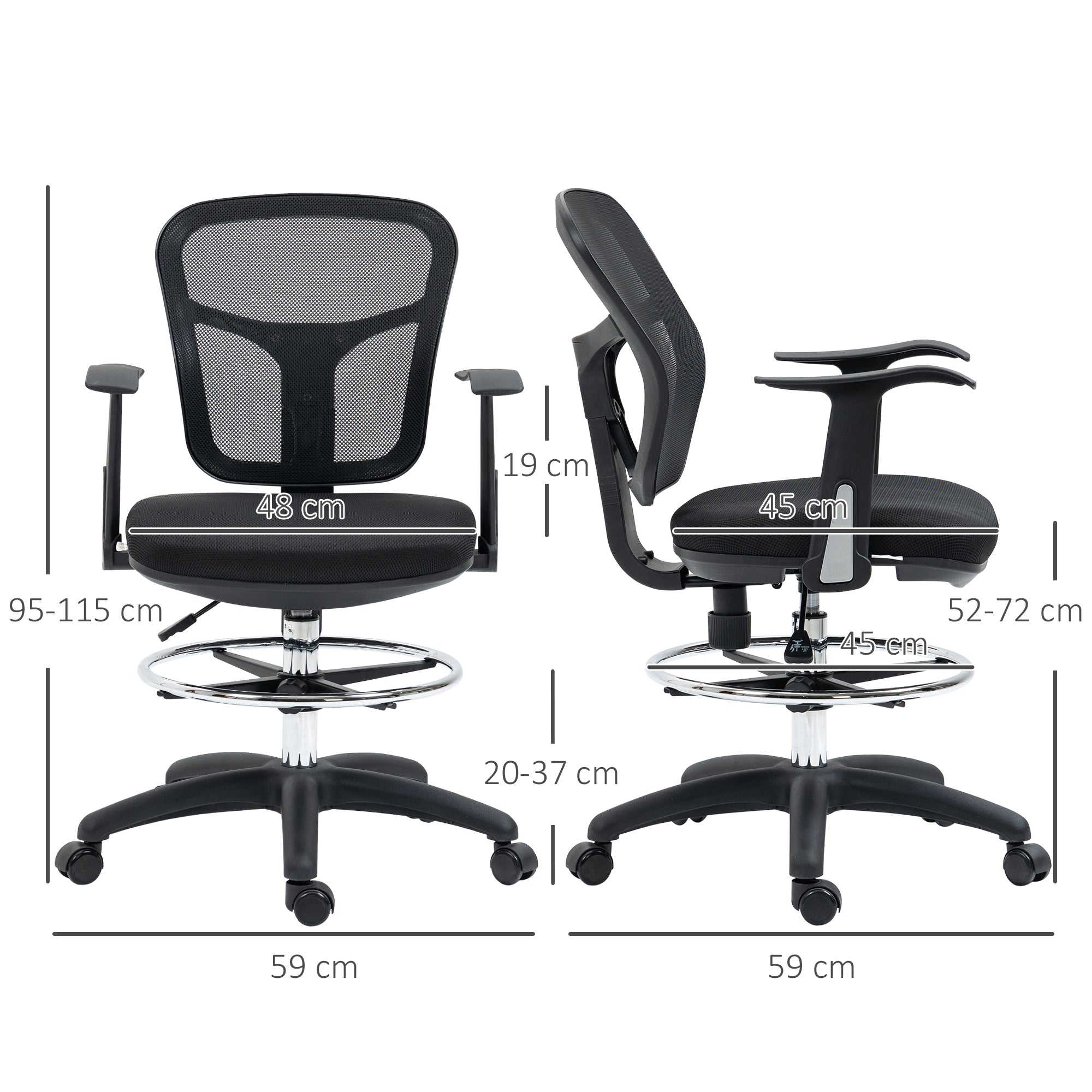 Office Chair, Ergonomic Drawing Chair, 95-115 cm Computer Chair with Armrest, Desk Chair with Footrest, Swivel Chair for Office, Living Room, Mesh, Black